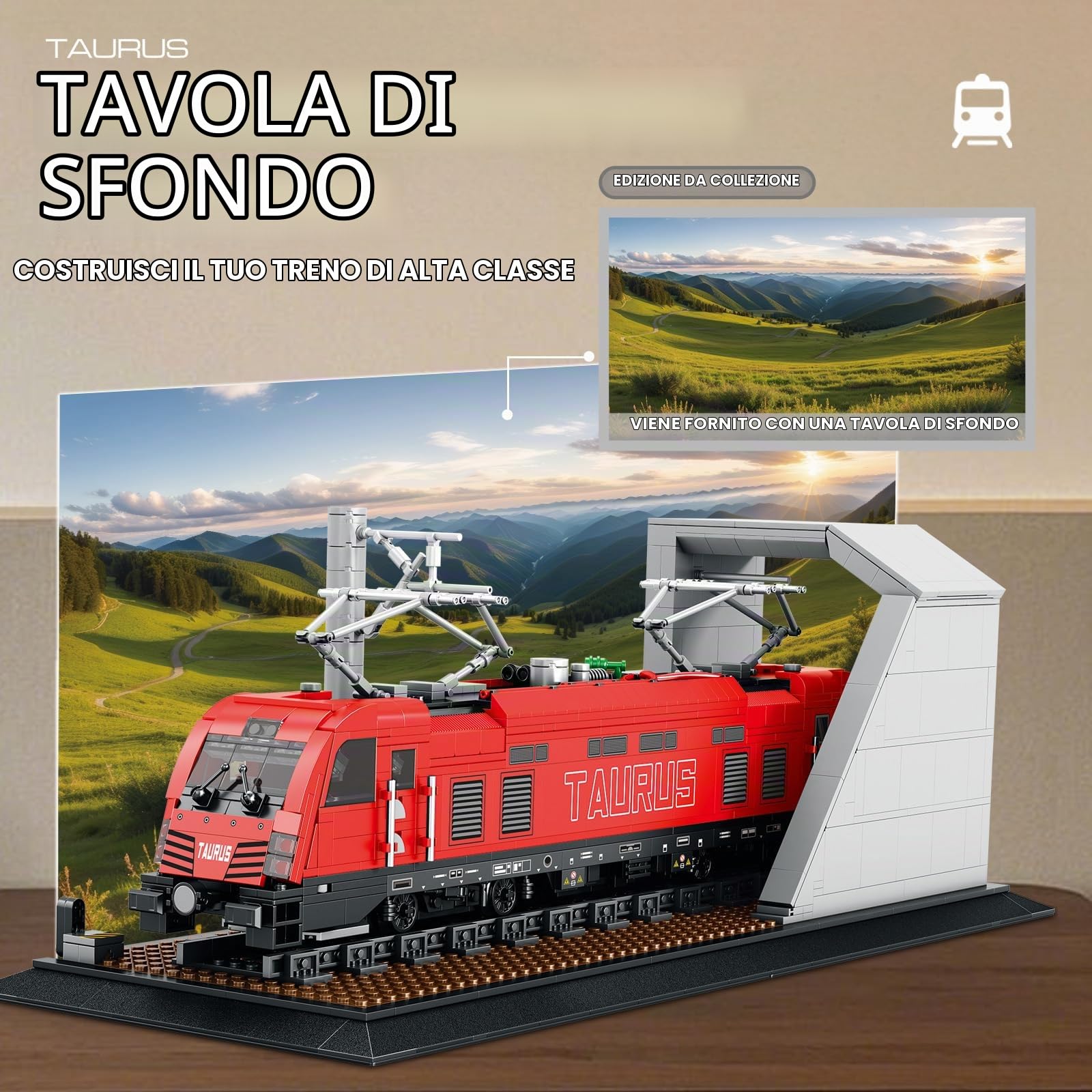 Reobrix 66020: Set treno elettrico retrò + auto d'epoca (1939pz). Modello MOC con base, perfetto per collezionisti e arredamento appassionati di treni e camion.