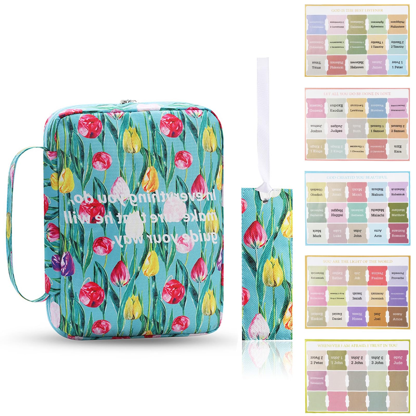 QZDAFFIC Bible Cover Case with Bible Tabs, Dusproof Large Bible Bag for Women Girls, Floral Pattern A5 Diary Cover Zipped Case for Bible Study Accessories (Green)