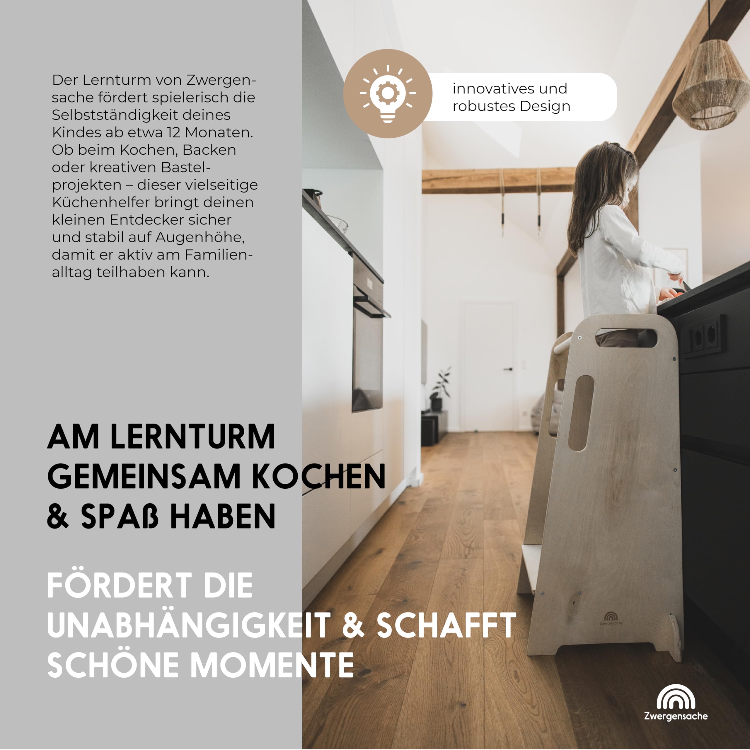 Lernturm ab 1 Jahr – Höhenverstellbar ohne Werkzeug – Kinder-Küchenhelfer, Lernturm aus Holz – kippsicher & stabil – fördert Selbstständigkeit - 1 bis 5 Jahre