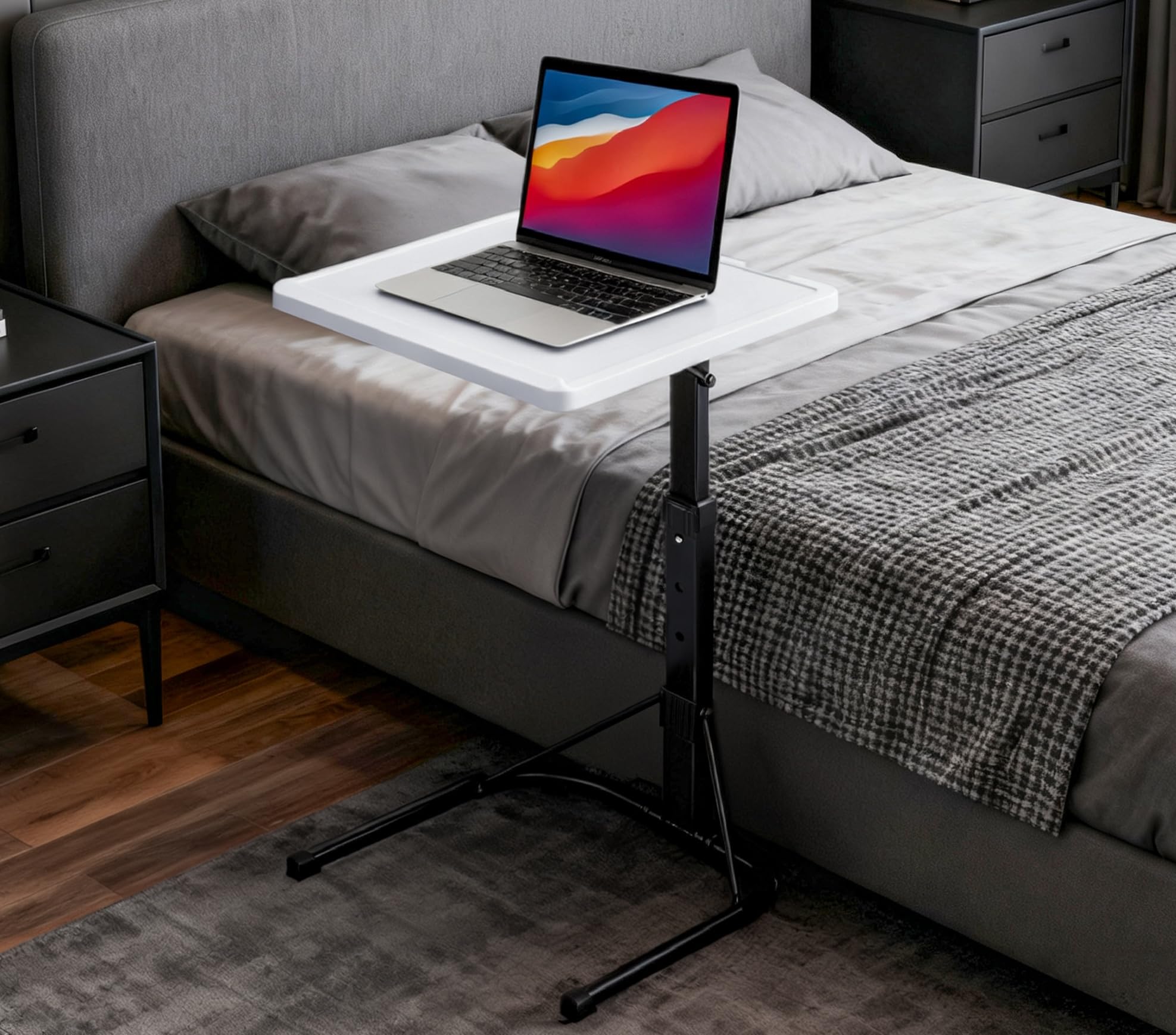 T-LOVENDO.ES Mesa Auxiliar Plegable con Altura Ajustable, Forma de C, con 3 Alturas (de 63,5 a 76 cm), 3 Ángulos Ajustables, para Ordenador Portátil, Lectura, Sofá, Sillón (Blanco)