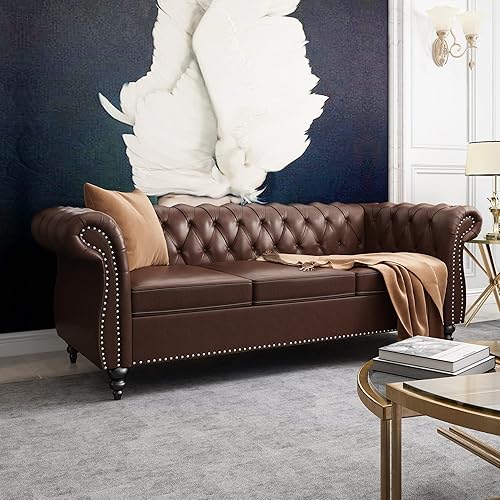 QHITTY Accent Large Sofa, Chesterfield Couch 3 Seater Modern Leather Couch Upholstered Sofa with Tufted Back for Living Room Furniture (Dark Brown)