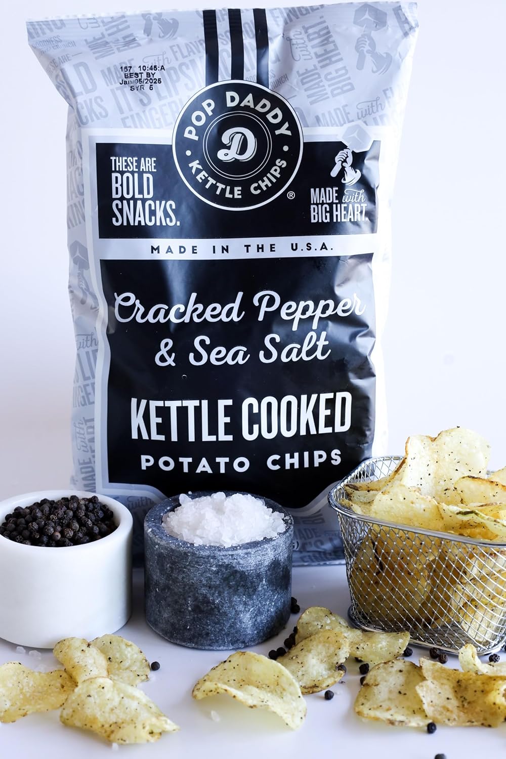 Pop Daddy Kettle Cooked Potato Chips, Kettle Chips Sampler, 5oz Kosher & Gluten Free, 6 Pack, Jalapeno, Salt & Vinegar, Mesquite BBQ, Cracked Pepper, Original, Spicy Dill Pickle
