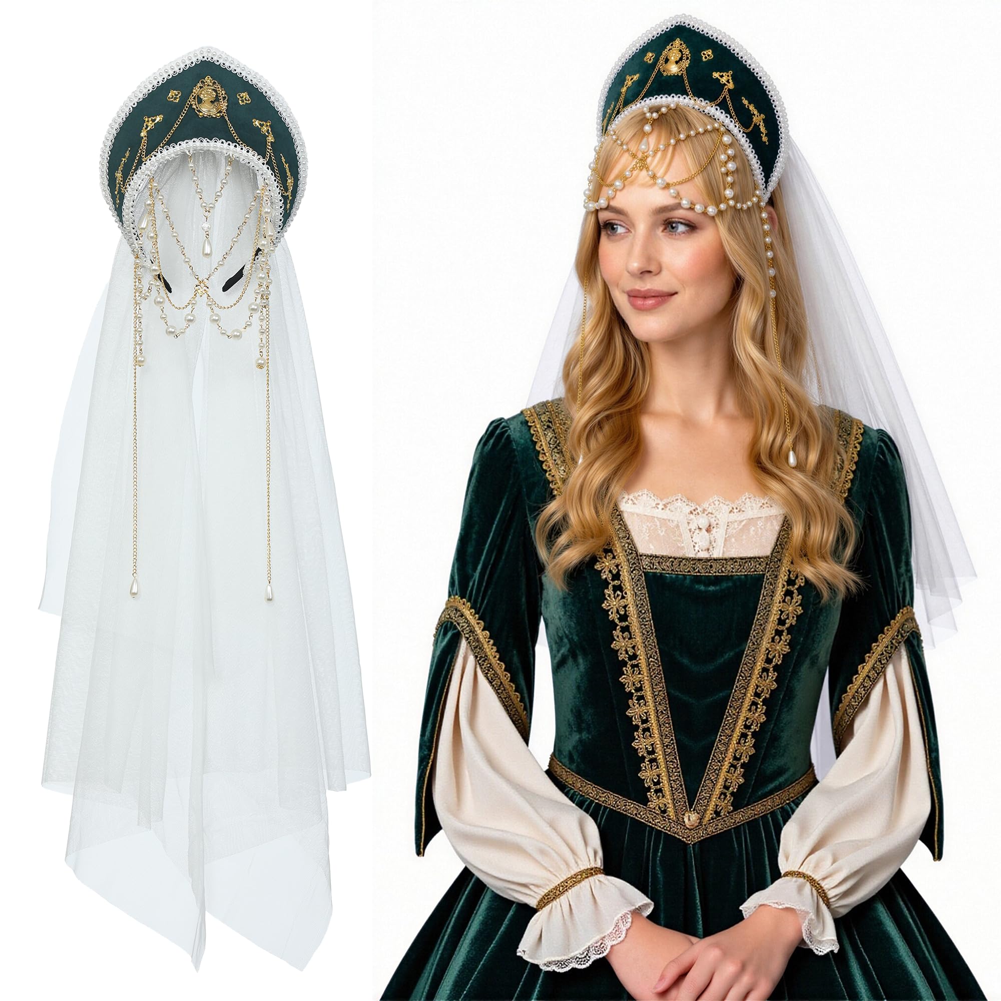 ANDHOM Anne Boleyn Hat Tudor Gable Hood Cap - Elizabethan Renaissance Headdress for Cosplay Party Halloween Carnival Knight Festival Costume Accessory (Green 02, One Size)