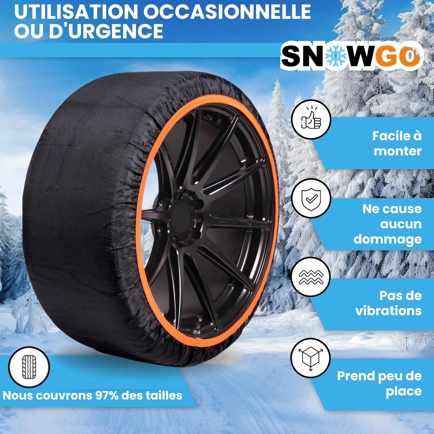 SNOWGO - Jeu de 2 Chaussettes à Neige Textile - Taille XS à XXL - Homologué 16662-1 Europe - Compatibles véhicules 4x4, Électriques, camionnettes et véhicules Utilitaires <3,5T. (XL)