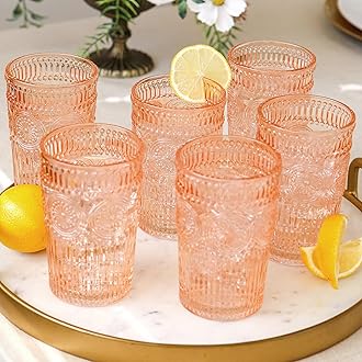 Vintage Textured Rose Gold Striped Drinking Glasses Set of 6, (13 oz) Ribbed Glassware Set | Cocktail Set, Ice Tea Glasses, Juice Glass, Water Cups
