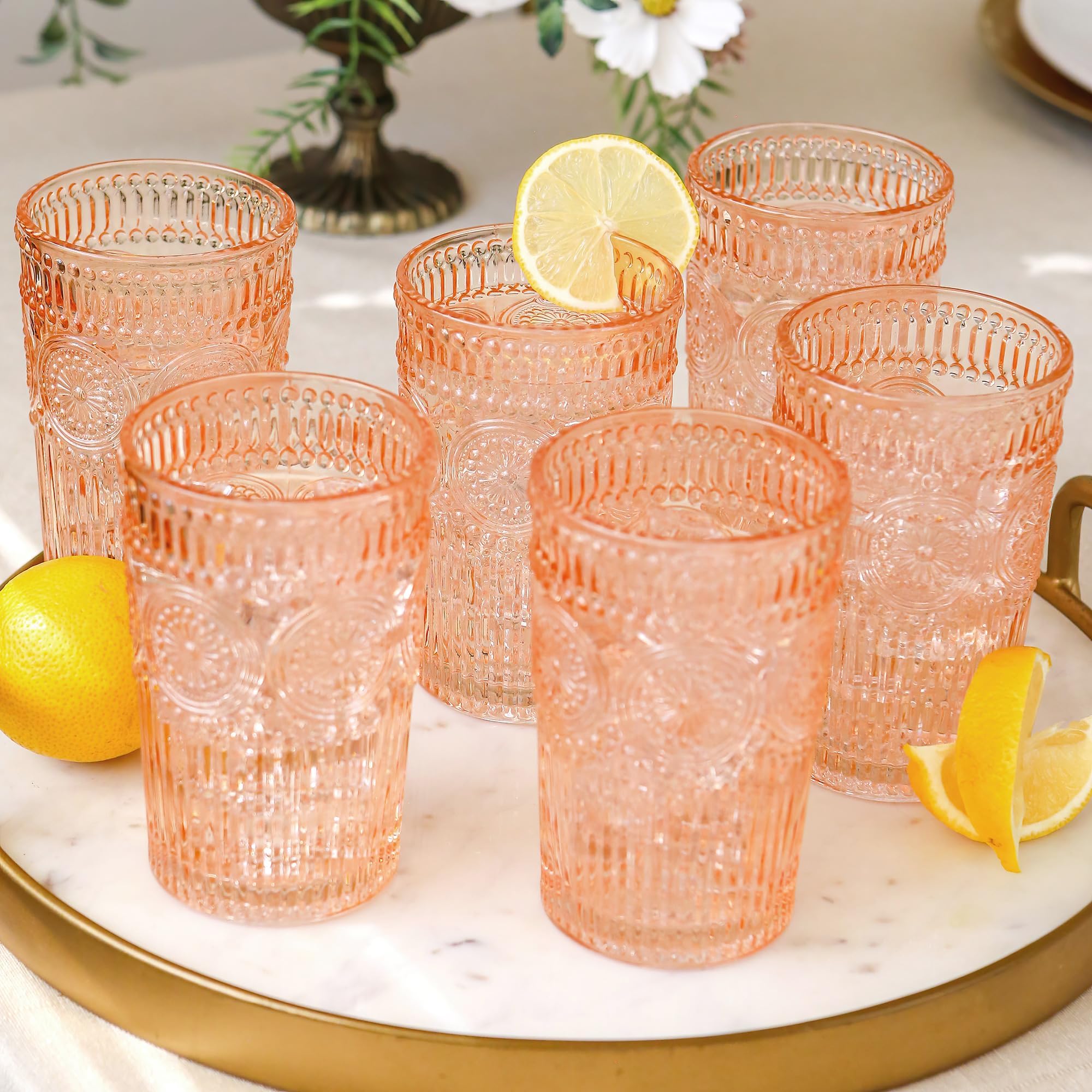 Kate Aspen Vintage Textured Rose Gold Striped Drinking Glasses Set of 6, (13 oz) Ribbed Glassware Set | Cocktail Set, Ice Tea Glasses, Juice Glass, Water Cups
