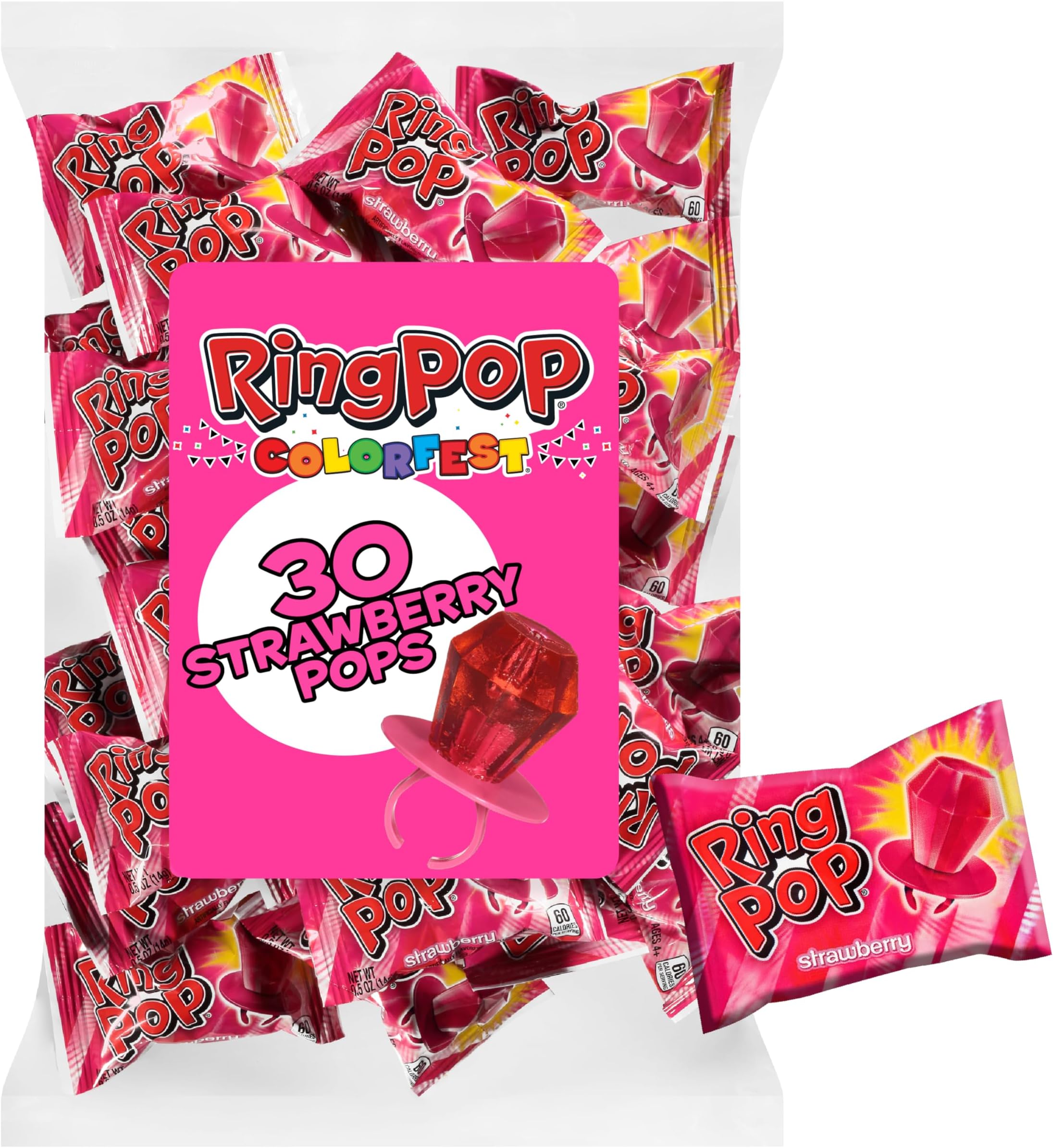 Ring Pop Individually Wrapped Pink Candy, Strawberry 30 Count Lollipop Bulk Pack – Lollipop Suckers for Kids, Fun Candy Bulk for Gender Reveal, Bachelorette Party Favors, Kids Party Favors