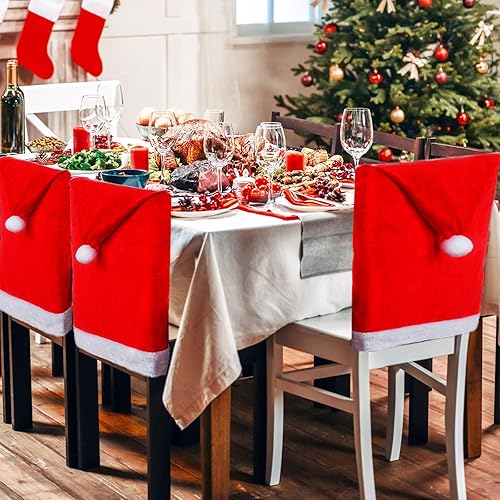Paquete de 6 fundas para sillas de Navidad, fundas de terciopelo para respaldo de silla, sombrero de Papá Noel, fundas para sillas de comedor con