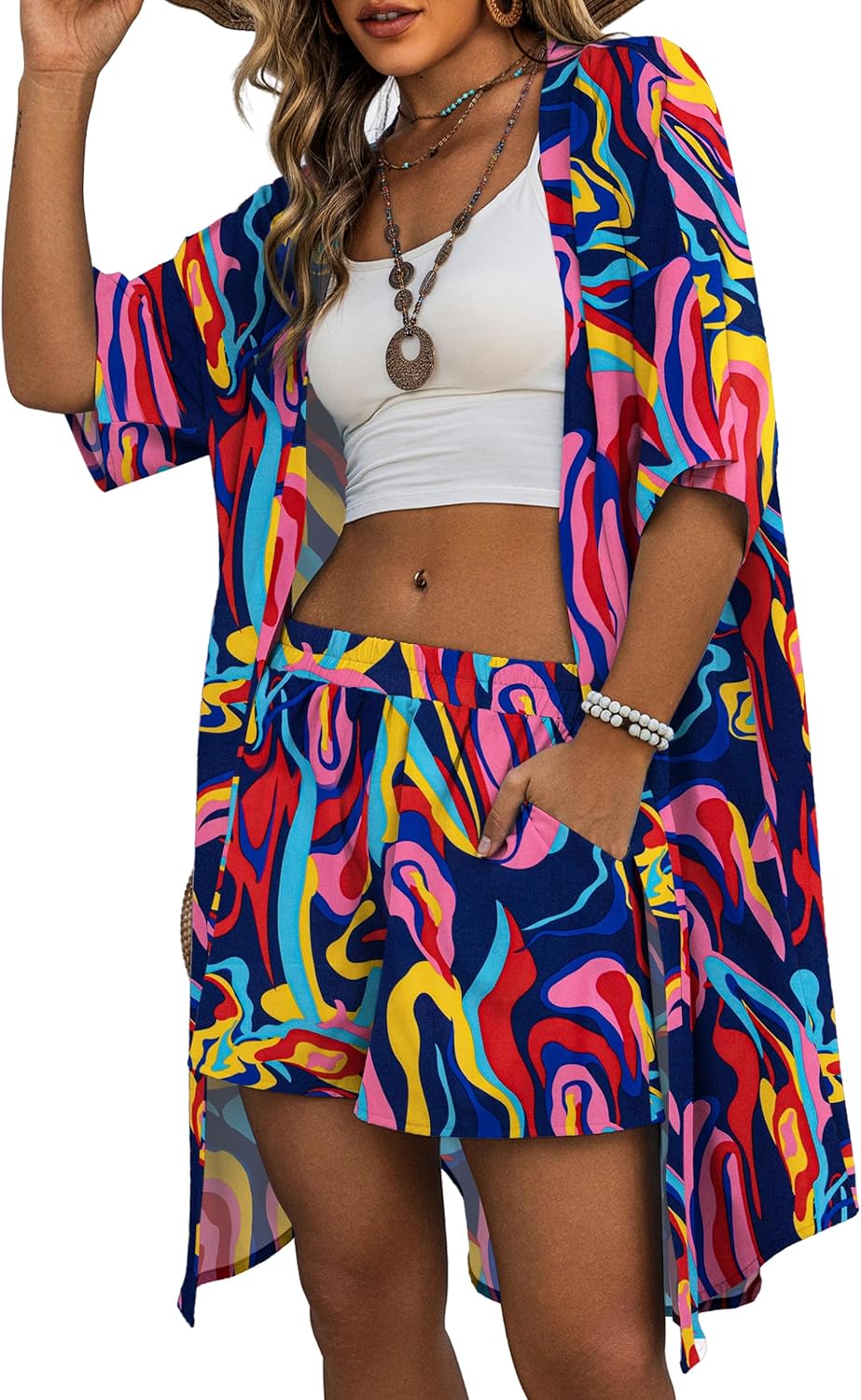 REDHOTYPE Womens Vacation Outfits Hawaiian Style 2 Piece Sets Long Cover Ups Half Sleeve Shorts Set Beach Dresses（S-XL）