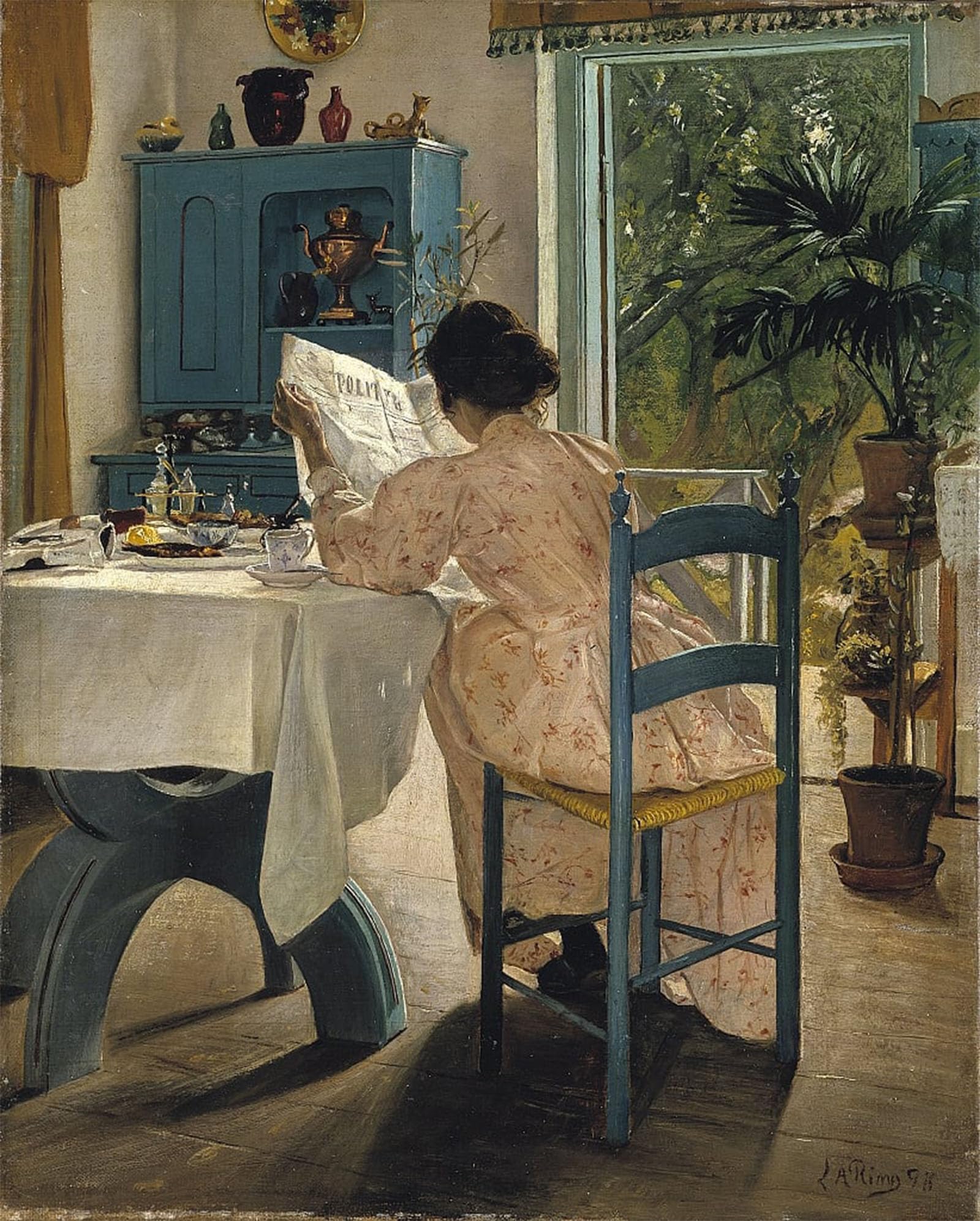 RZHRHJES Retro Picture Portrait Oil Painting Modern Wall Artwork Breakfast with the Morning Newspaper by Laurits Andersen Ring Canvas Poster for Office Decor 60x90cm