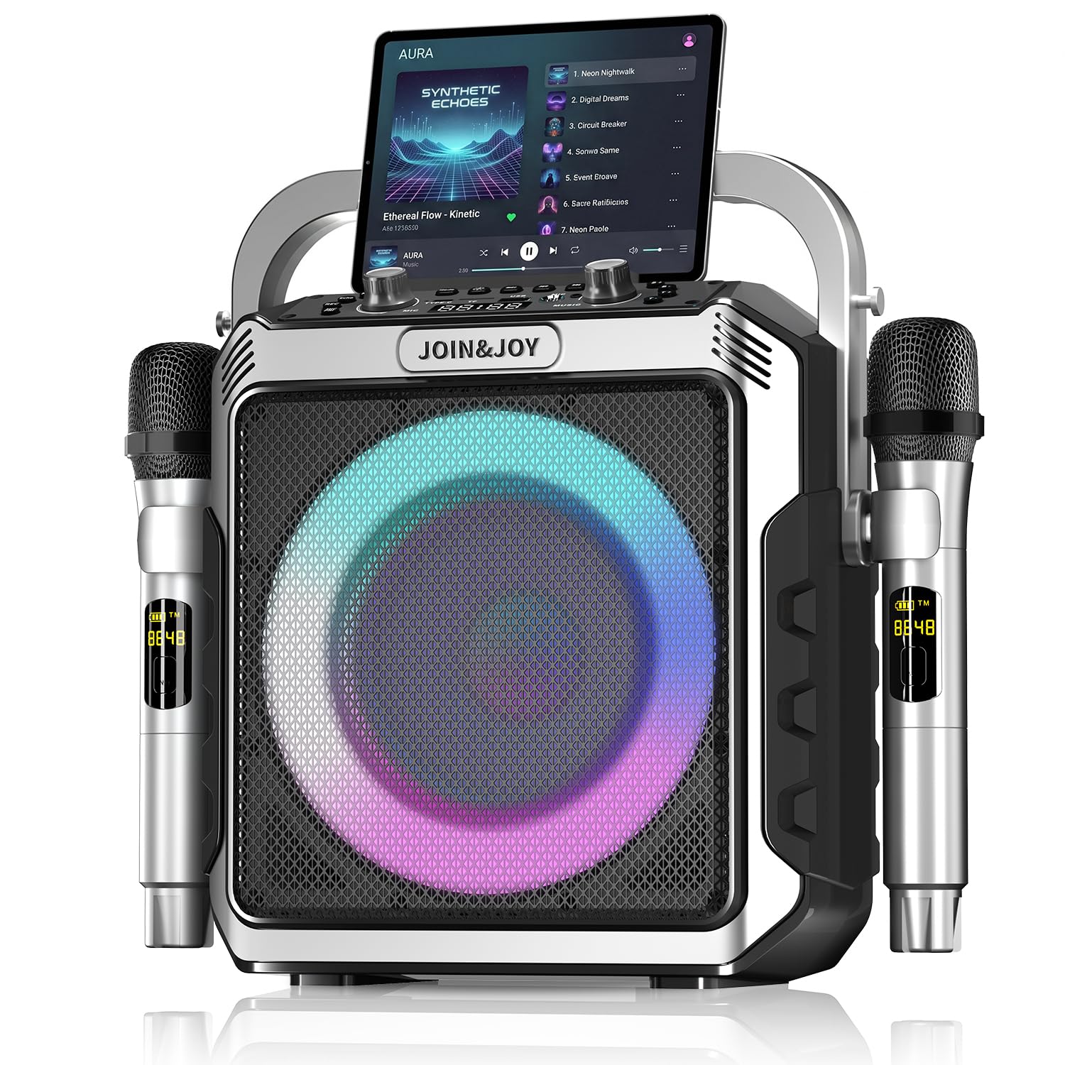Photo 1 of Karaoke Machine with 2 Wireless Mics, Portable Bluetooth Speaker with LED Lights for Adults & Kids, USB/AUX, Powerful Subwoofer, Outdoor Karaoke Speaker for Home Party Travel
