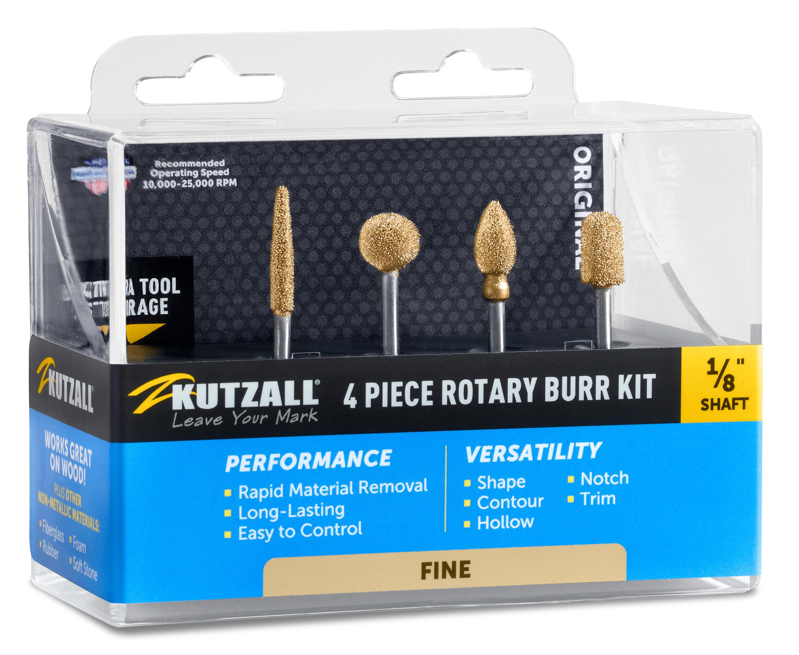 Kutzall 4-Piece Rotary Burr Detail Kit - 1⁄8" Shaft, Fine – Wood Carving Bit for Dremel, Foredom, Ryobi, DeWalt, Milwaukee Tools - Structured Tungsten Carbide, 18FKIT02 — Amazon image 11