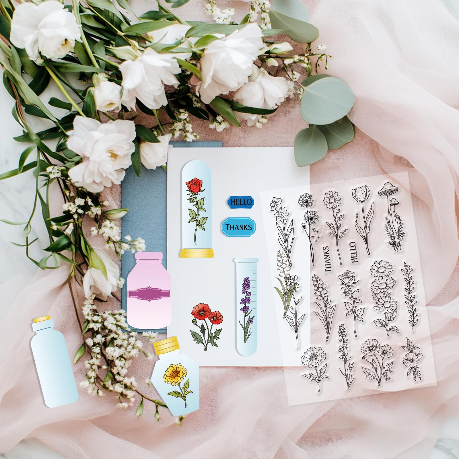 Tampons Silicone Transparents GLOBLELAND - Motifs Fleurs Feuilles - Scrapbooking