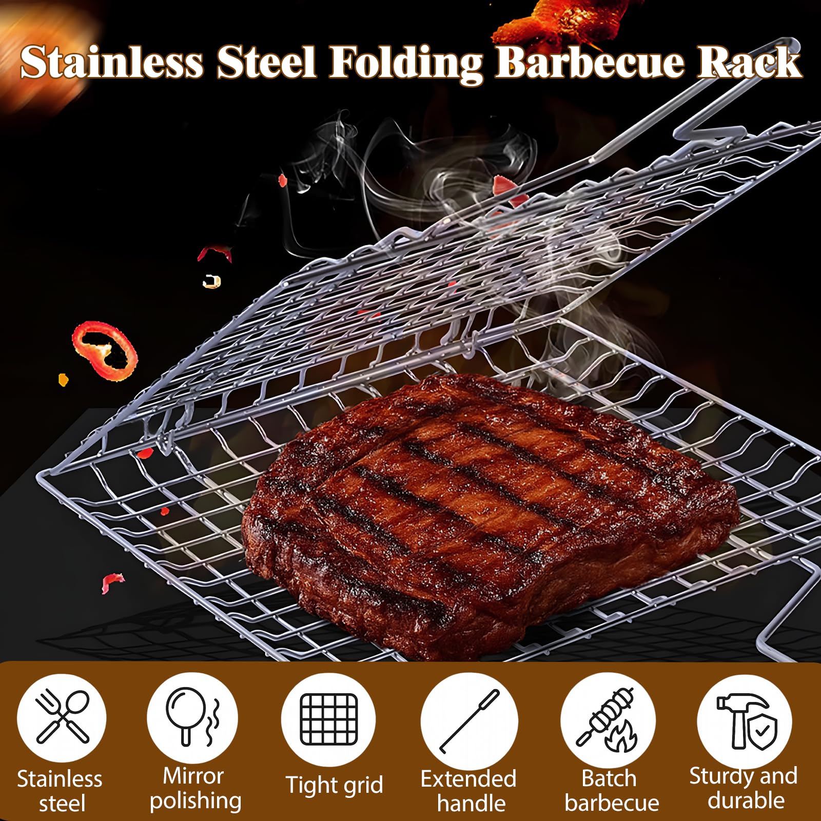 Panier Barbecue avec Poignée Amovible & 2 Brosses Silicone, Grille Poisson Pliable Acier Inoxydable, Accessoires Griller Portable pour Steak, Crevettes, Légumes, Viande (32 x 21.5cm)