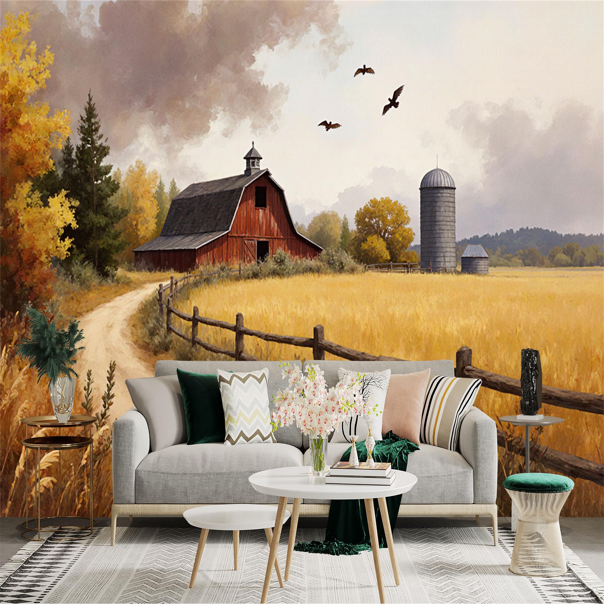 Custom Size Wall Sticker Mural， Rustic Red Barn， Golden Wheat Field， Countryside Landscape with Silo and Flying Birds， for wall Decoration， peelandstick wall Decals.