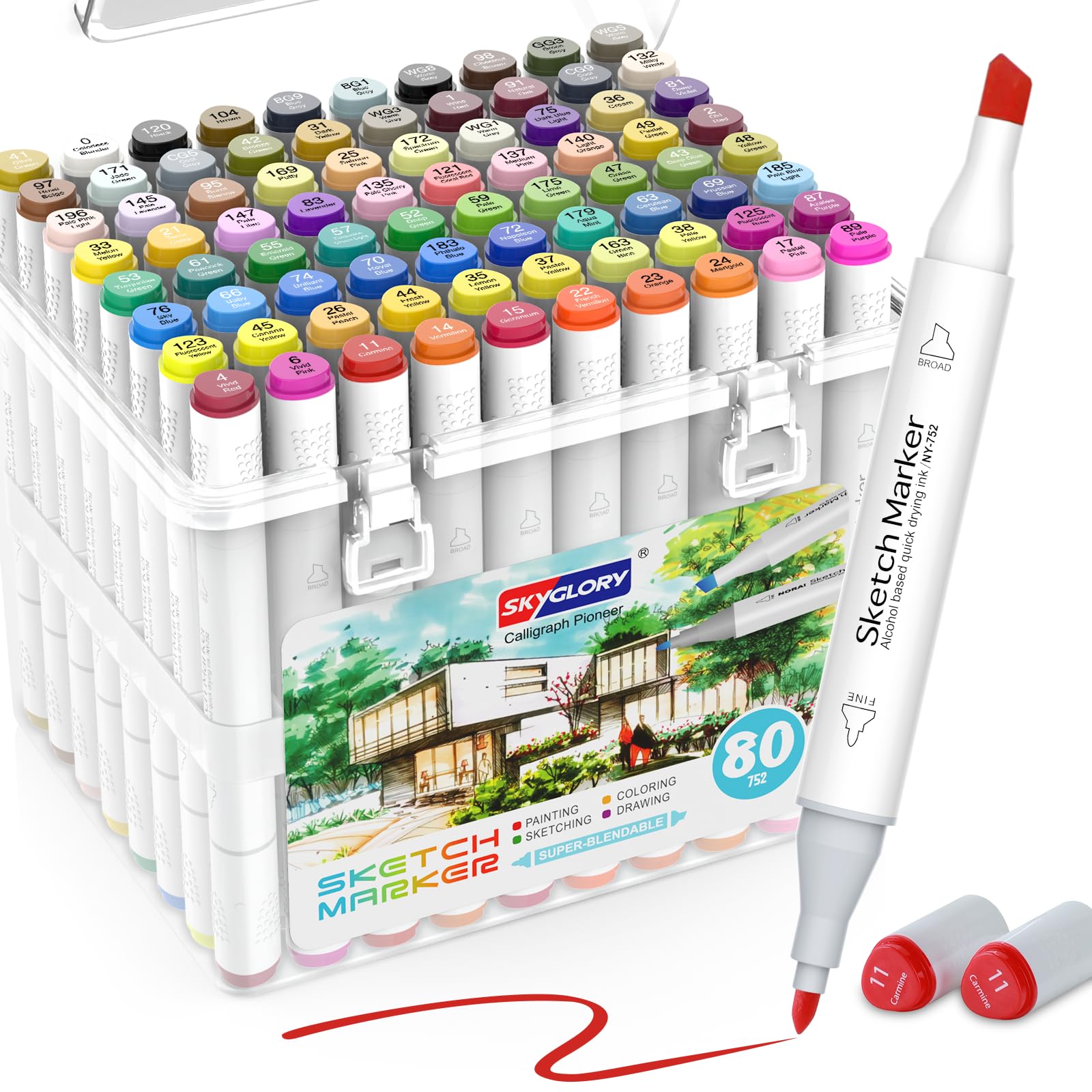 HOMSAILMO 80 Colors Alcohol Based Markers，Dual Tip （Chisel & Fine） Permanent Drawing Markers Set for Adult and kids Coloring Books, Sketching, Illustration, with Clear Box