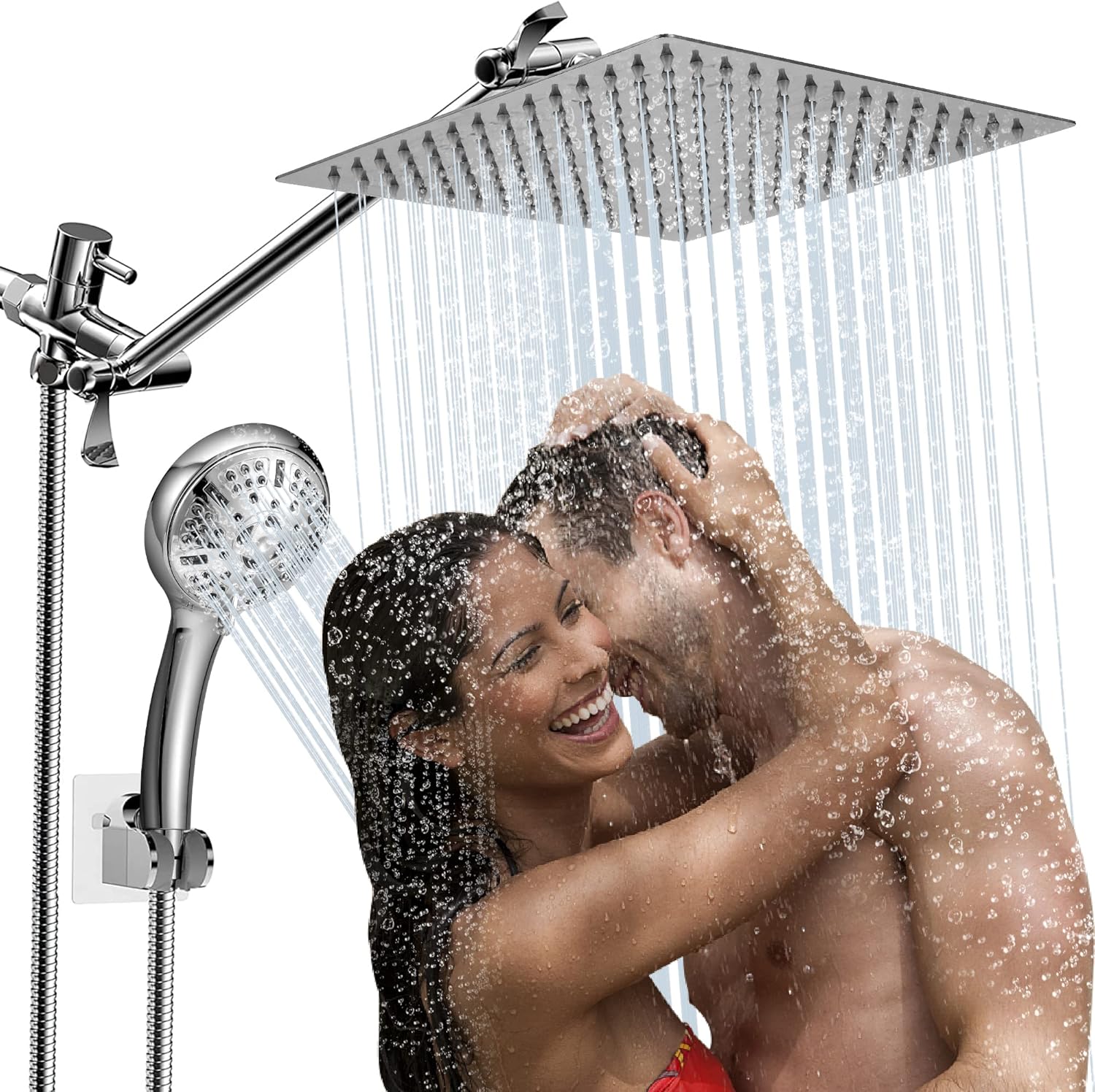 Shower Head, 8" High Pressure Rainfall Shower Head with 11" Adjustable Extension Arm and 9 Settings Handheld Showerhead Combo with Holder, Retractable 59" Hose, Flow Regulator, Chrome - - 