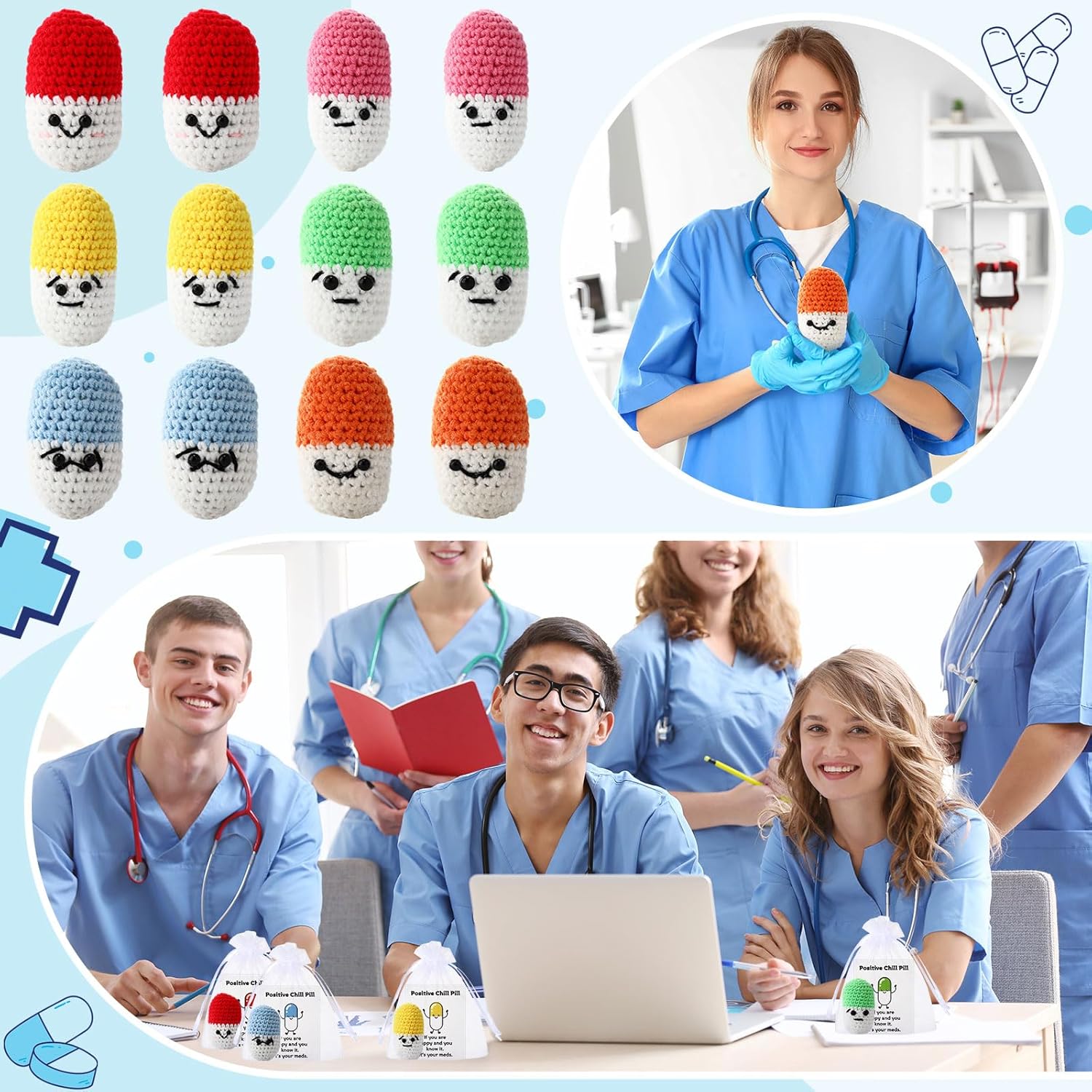 Colingmill 24 Set Nurse Week Gift Bulk 2026 Crochet Chill Pill Nurse Appreciation Gift Positive Pharmacy Crochet Stuffed Pill with Inspirational Card Relief Table Decor for Coworker Staff Employee