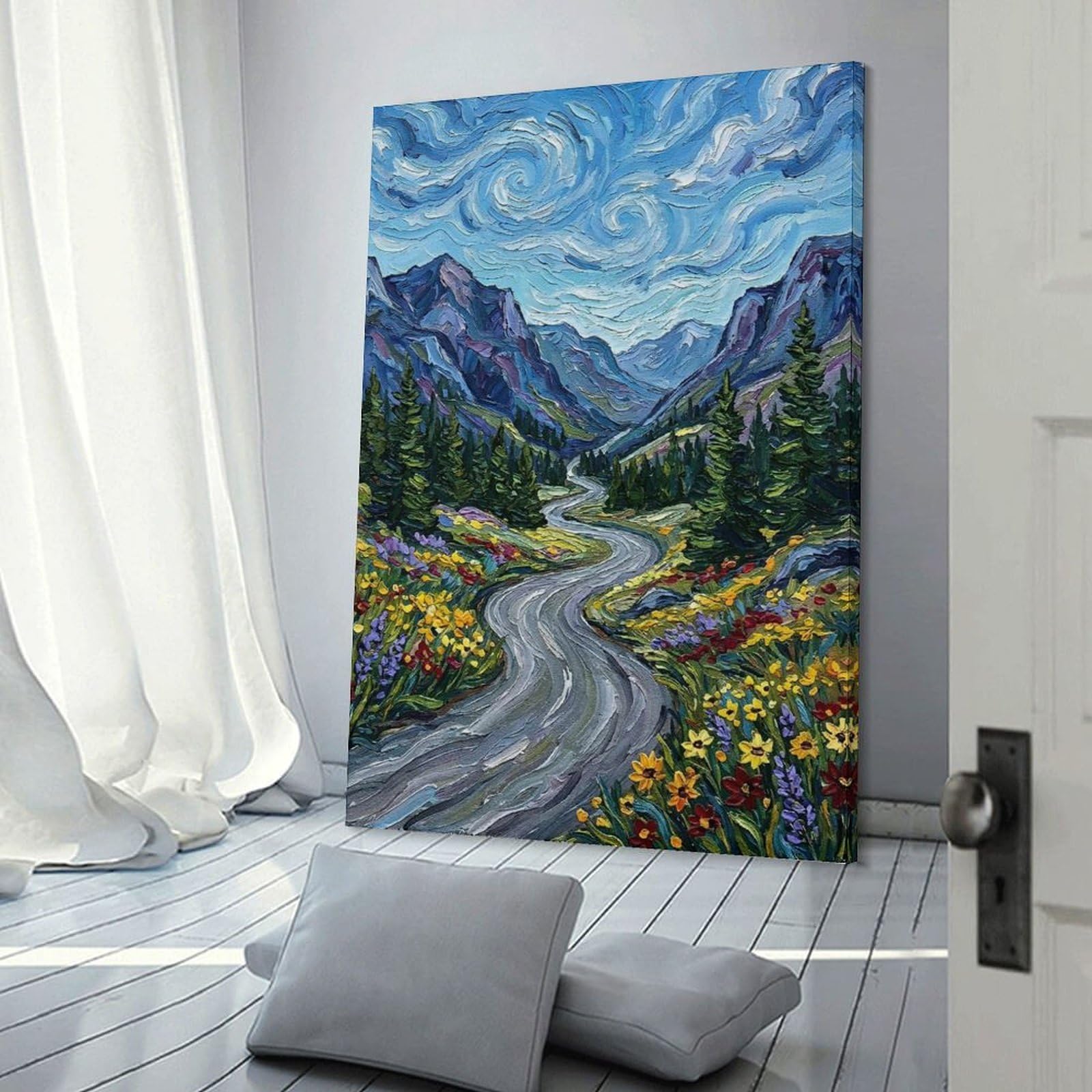 Junmoney Impressionistic Mountain Valley Landscape Painting Hanging Wall Art 16x24inch(40x60cm), for Front Hall, Corridor Or Welcome Spaces, Wall Decor to Refresh Empty Corners