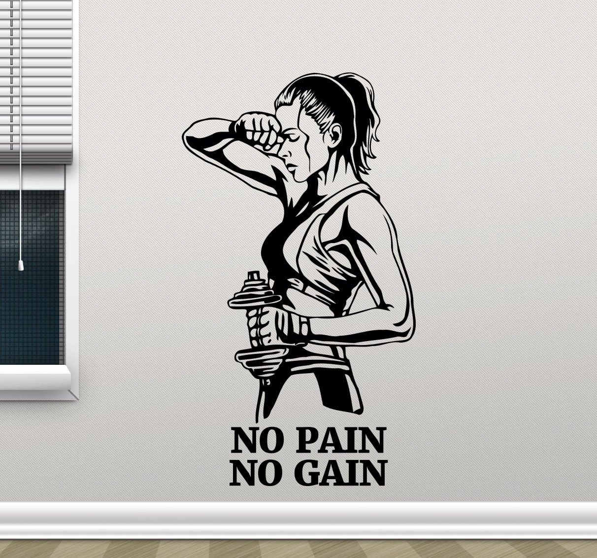 No Pain No Gain Fitness Wall Decal Healthy Lifestyle Gym Fitness Vinyl Sticker Girl with Dumbbell Fitness Motivation Sports Gym Wall Art Design Inspirational Gym Quote Decor Wall Mural 45fit