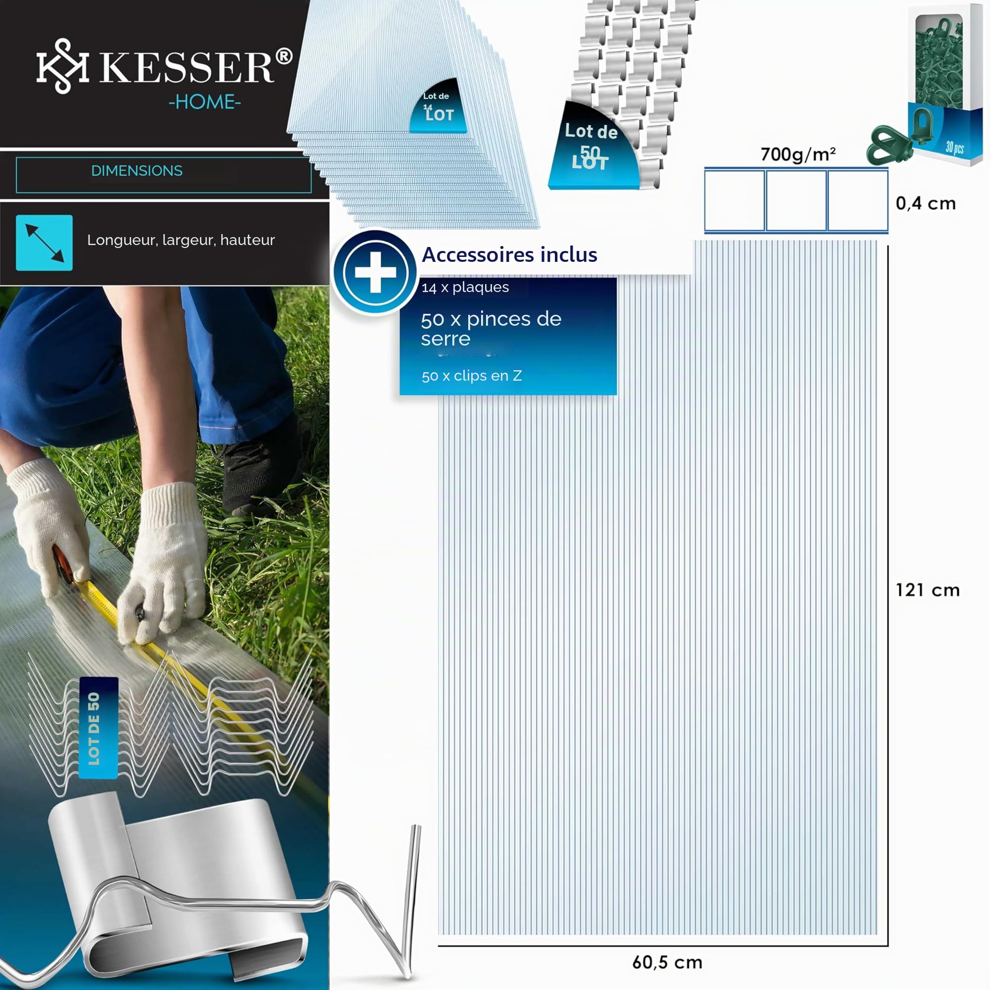 KESSER® 14 Plaques alvéolaires en Polycarbonate 4 mm | Panneau alvéolaire Double de 10,25 m², 121 x 60,5 cm