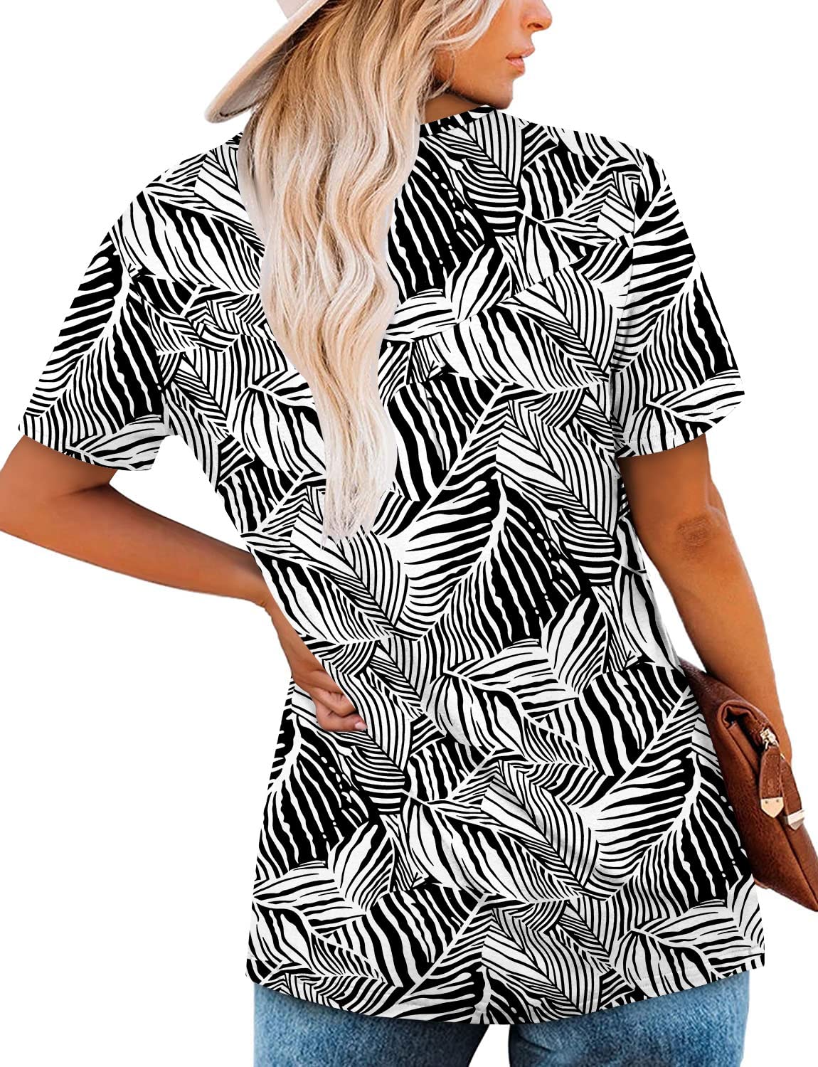 ROSELINLIN Women's Short Sleeve Shirts Floral Summer Tops Loose Fit for Leggings
