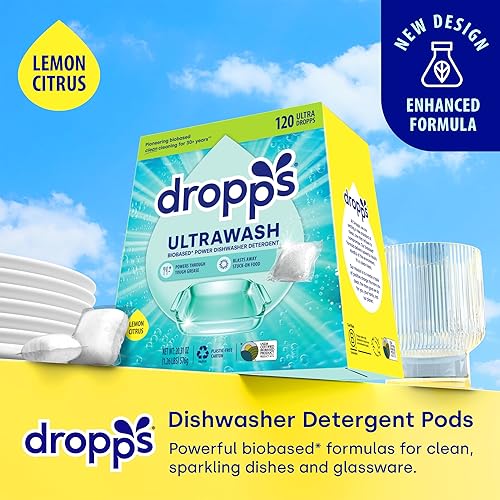 Miniatura 18 de Dropps Detergente para lavavajillas, aroma Fresh Rain, 64 cápsulas, limpia profundamente, empaque de bajo desperdicio, sin prelavado o enjuagado,
