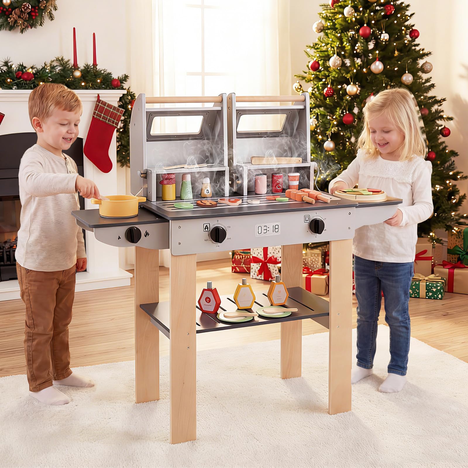 FANTASK Juguete para Barbacoa Infantil, Barbacoa con Cubiertos para Barbacoa y Alimentos para Juegos, Cocina de Barro con 2 barbacoas y Tapas abatibles, Juego de Cocina para Exteriores para niños a