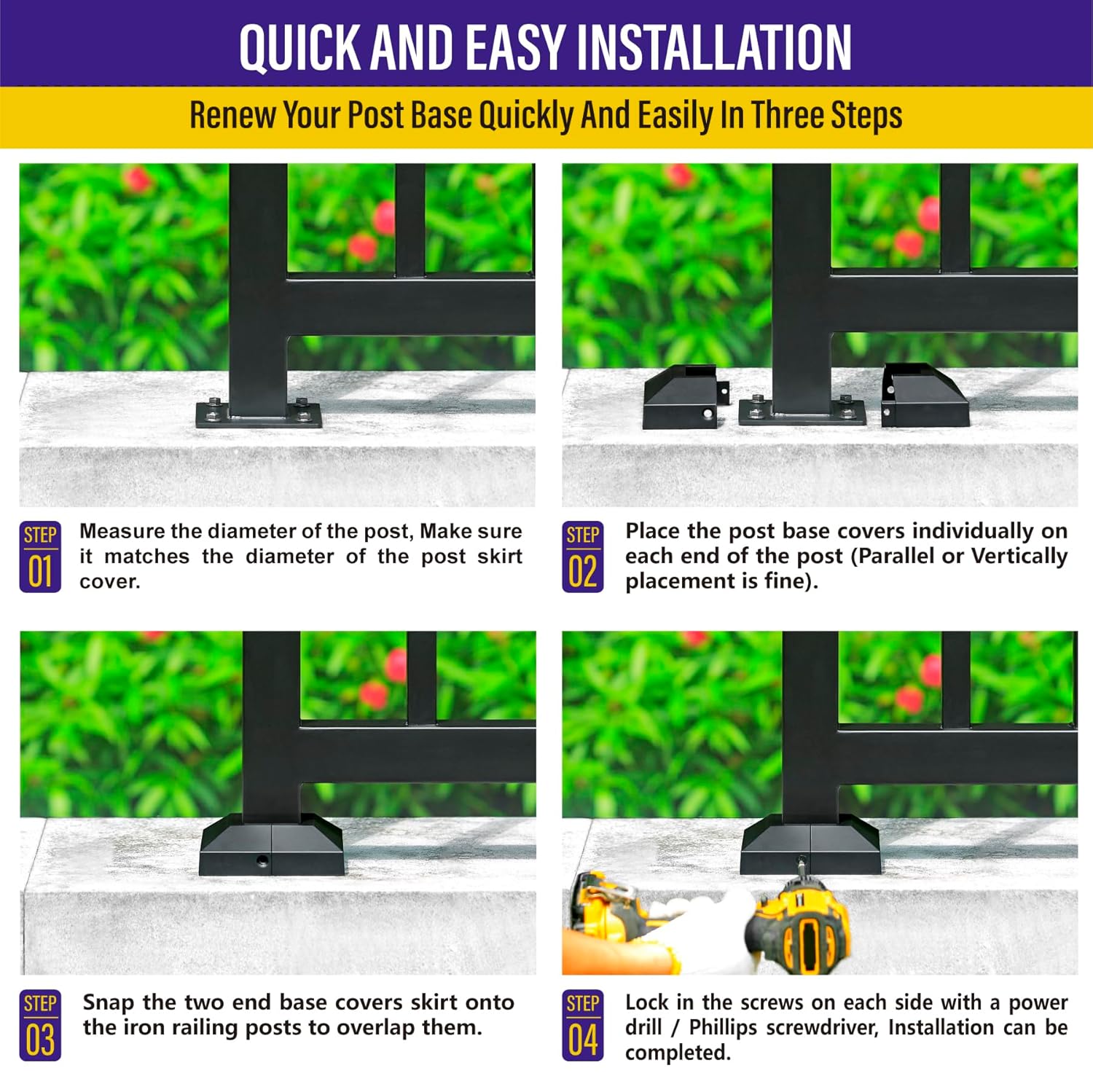 Hulave Split Post Cover, Fits 2x2/4.5x4.5 Base, Indoor/Outdoor Iron Railing, Fence, Stair Post Decorative Skirt Covers (4Pack-Black)