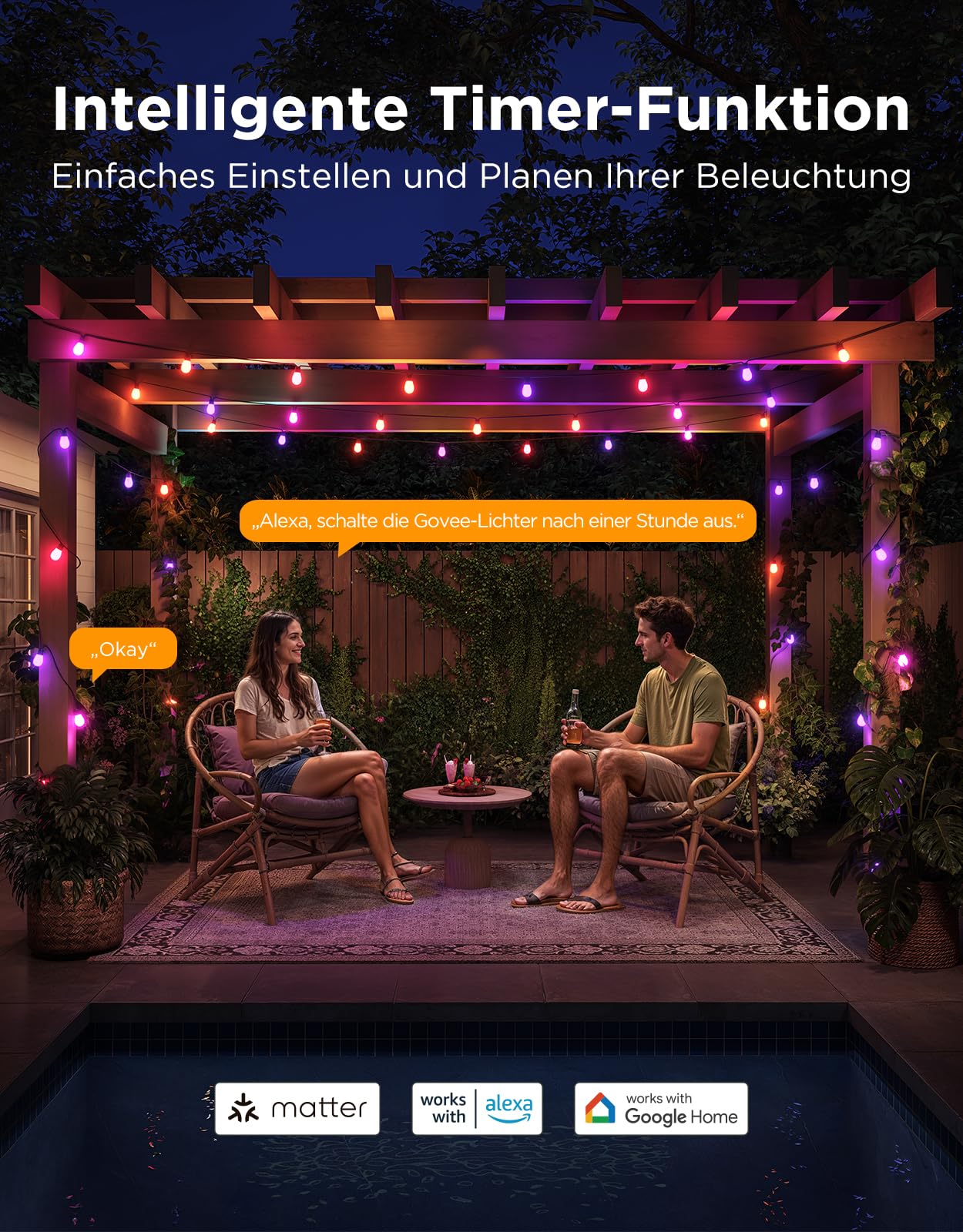 Govee Lichterkette Außen 15M, RGBICW 65lm pro LED, App&WiFi Steuerung,IP66 | 16 Mio. DIY-Farben, 111+ Szenen, Musik Sync, Matter/Alexa/Google, Lebensdauer 25000h, Einf. Montage, Garten/Balkon/Terrasse