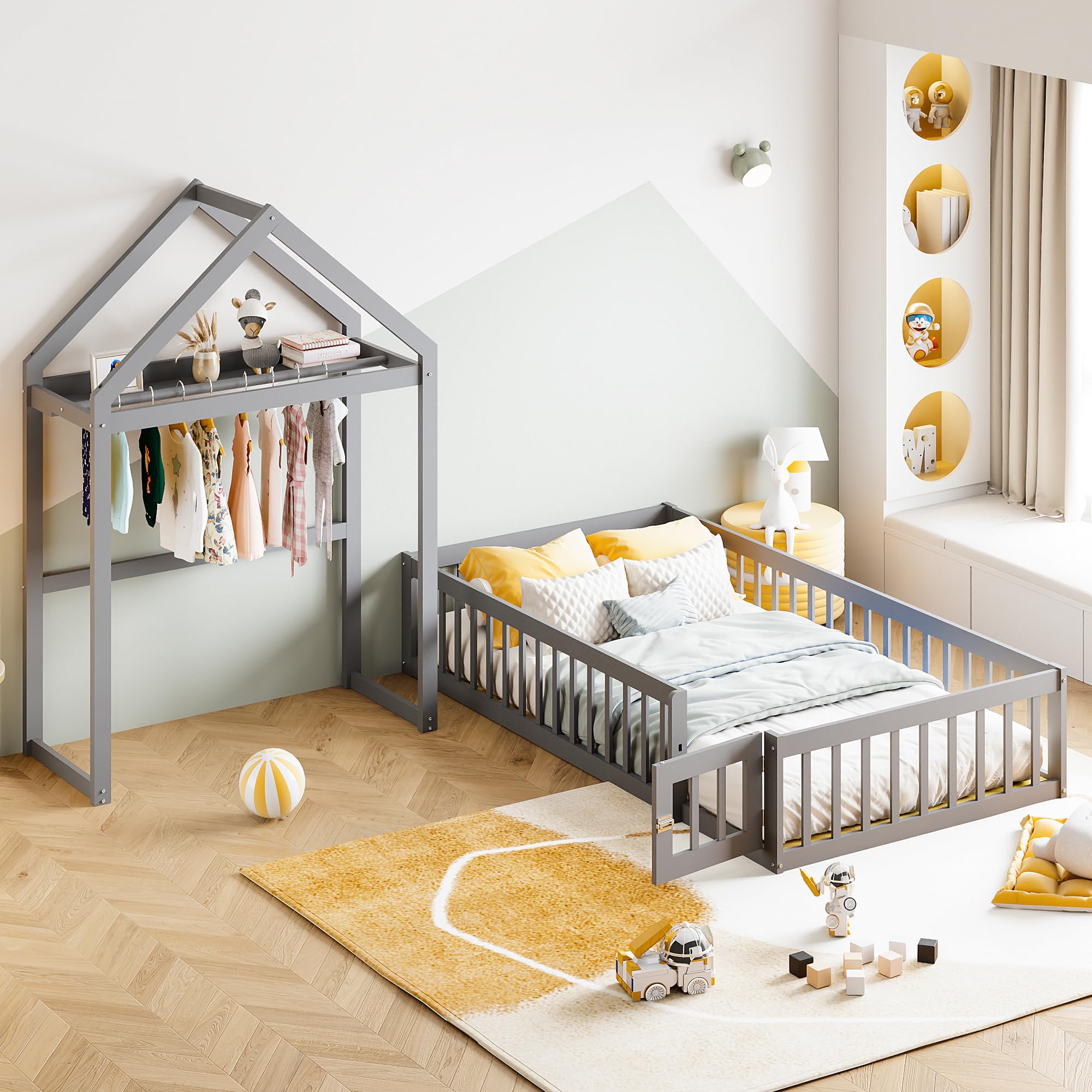 Merax Kinderbett 90x200 cm, Bodenbett mit Rausfallschutz, Hausbett mit Stauraum und Lattenrost, für Jungen & Mädchen, Grau (Ohne Matratze)