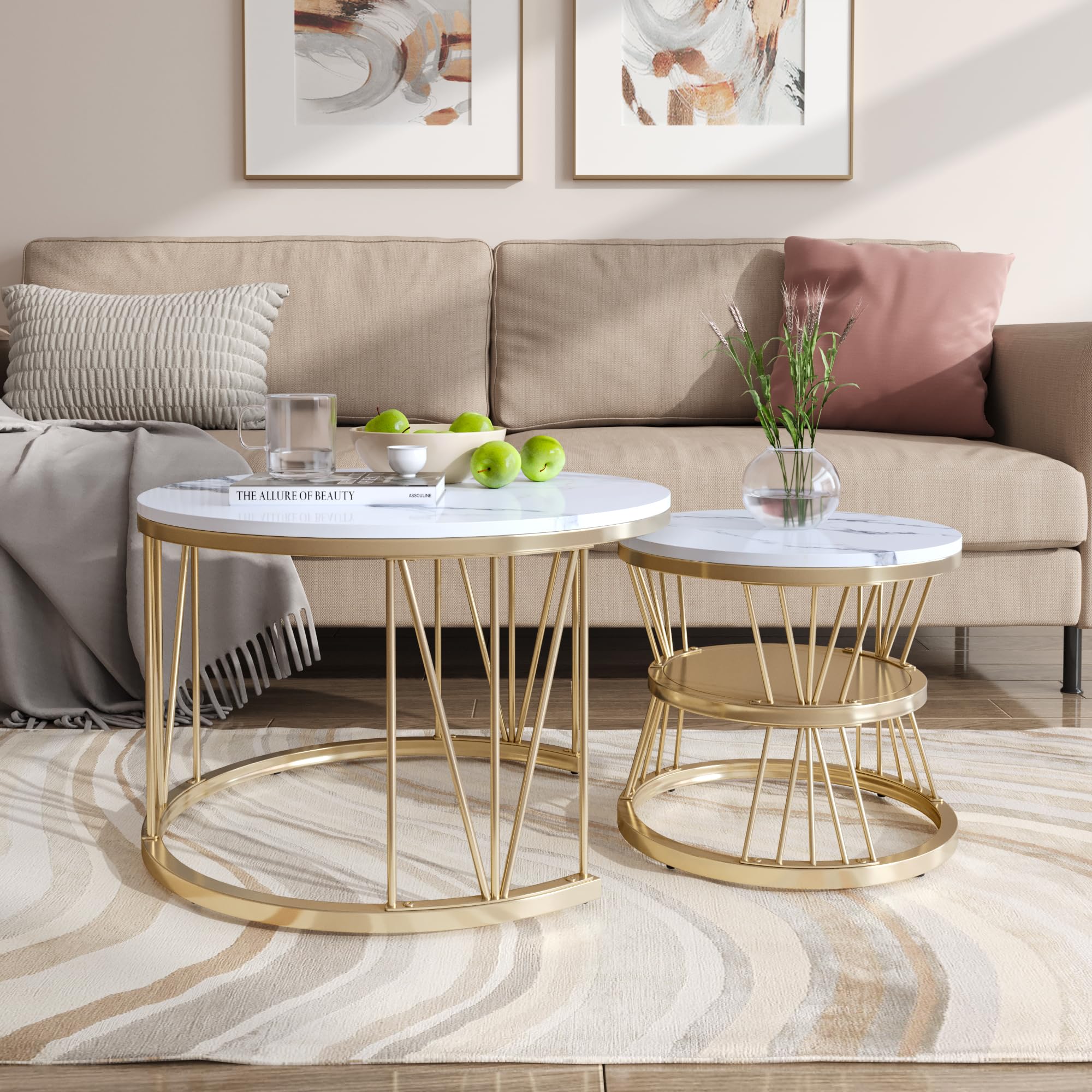 Couchtisch Rund 2er Set, Marmoriert Couchtisch, Sofa Tisch,Beistelltisch mit Metallrahmen,Moderne Kaffeetische Satztische für Wohnzimmer Schlafzimmer (Golden-021)