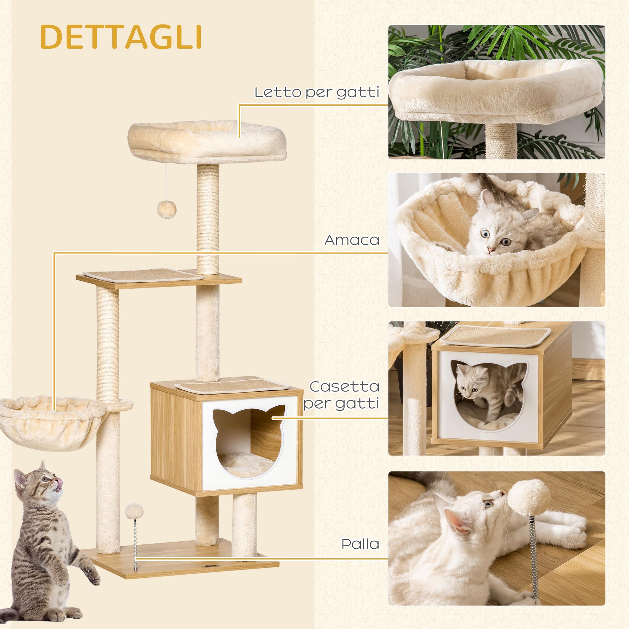 PawHut Tiragraffi per Gatti con 2 Pali 48x40x126 cm Beige e Color Legno | Casetta, Amaca, Lettino, 2 Palline Giocattolo, Albero per Gatti in Legno, Peluche e Sisal