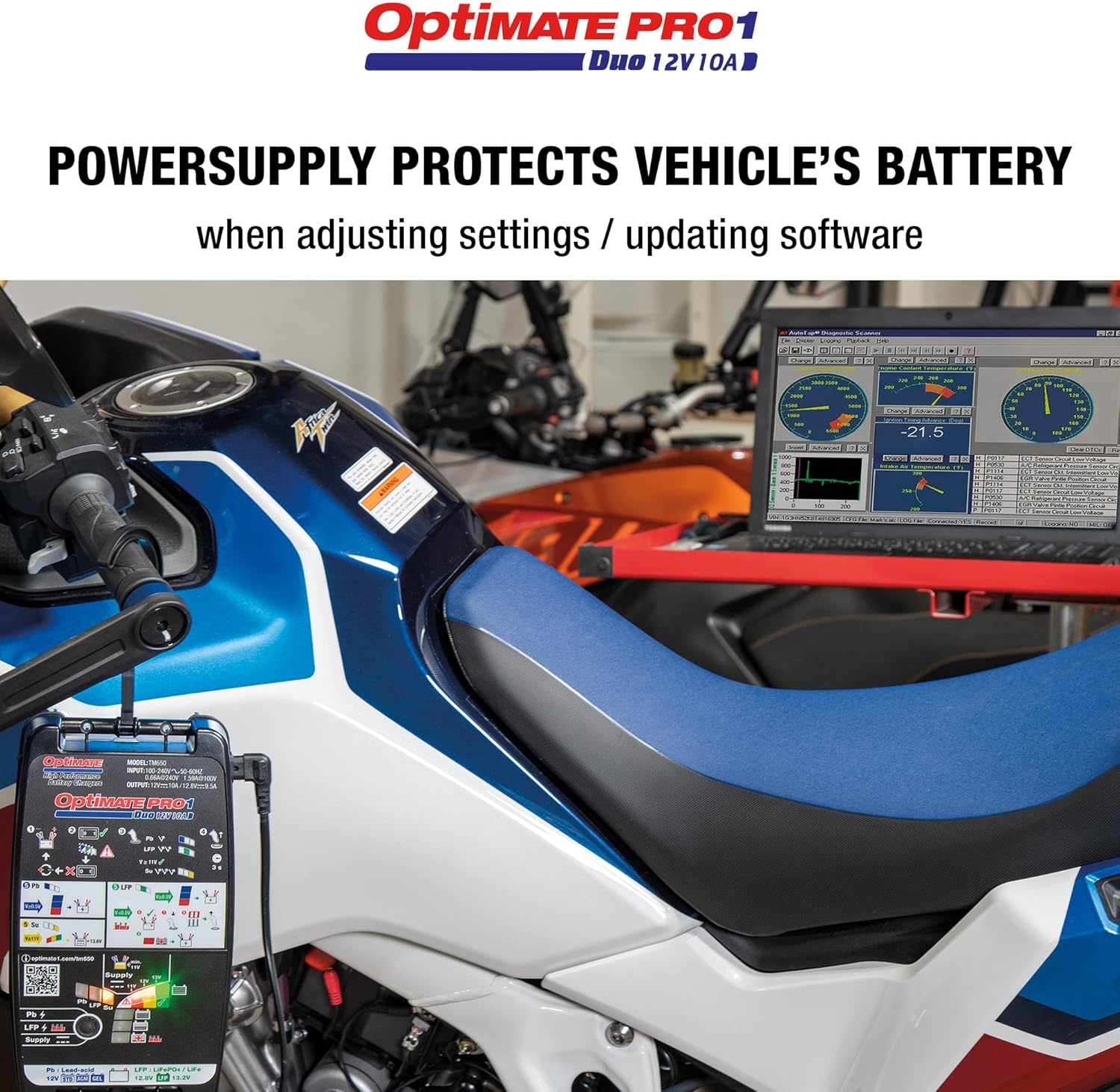 Tecmate OptiMate PRO-1 DUO in PowerSupply mode during vehicle diagnostics