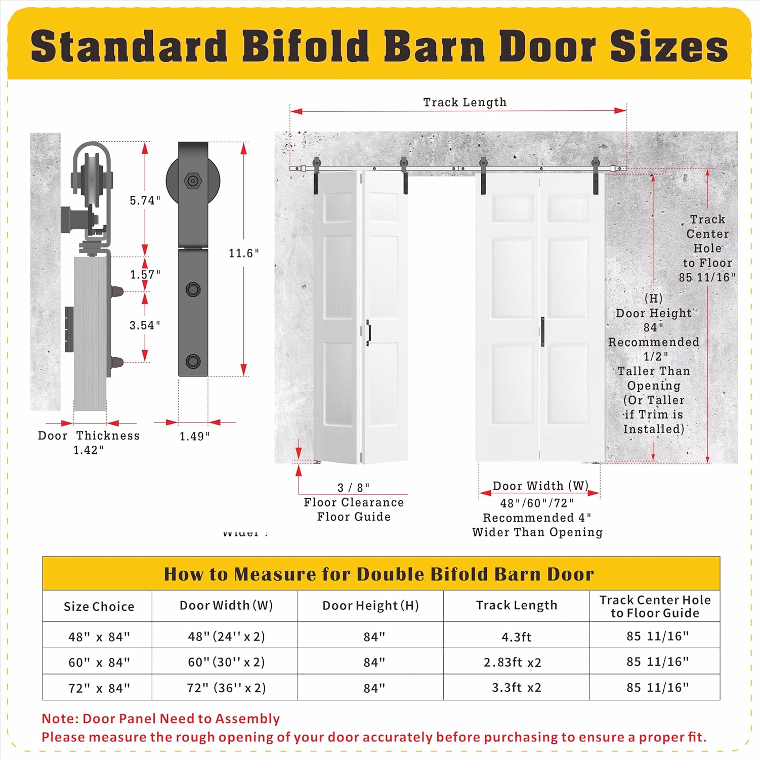 Detailed diagram showing standard bifold barn door sizes, including door thickness, track length, door height and width recommendations, and track center hole to floor height.