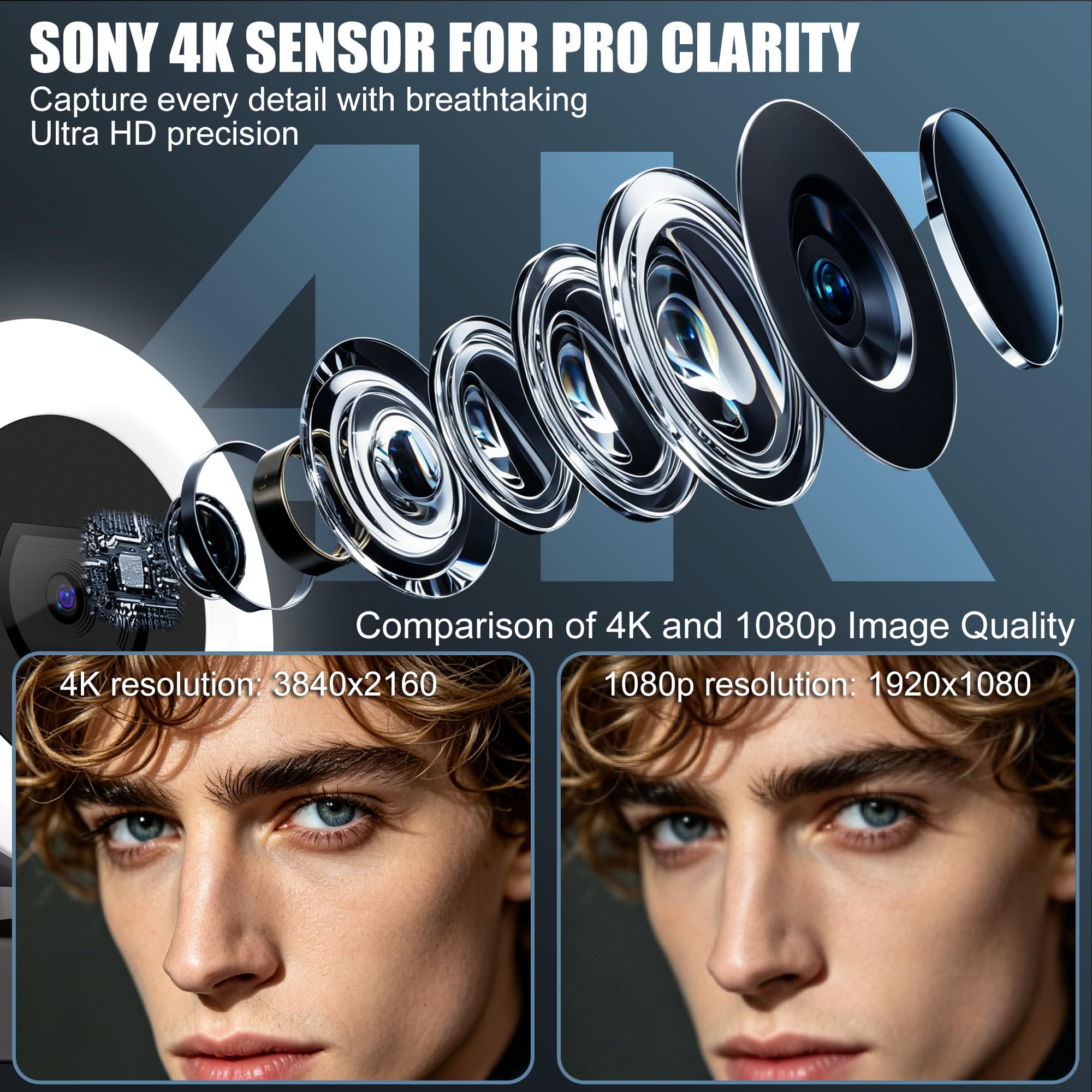 Condition photo showing New/Like New for similar product, please see photos 4k webcam with ring light, pdaf autofocus web camera for desktop computer | siwotech streaming camera, 4k webcam for pc, built-in privacy cover, dual omnidirectional mics, usb plug-and-play for zoom