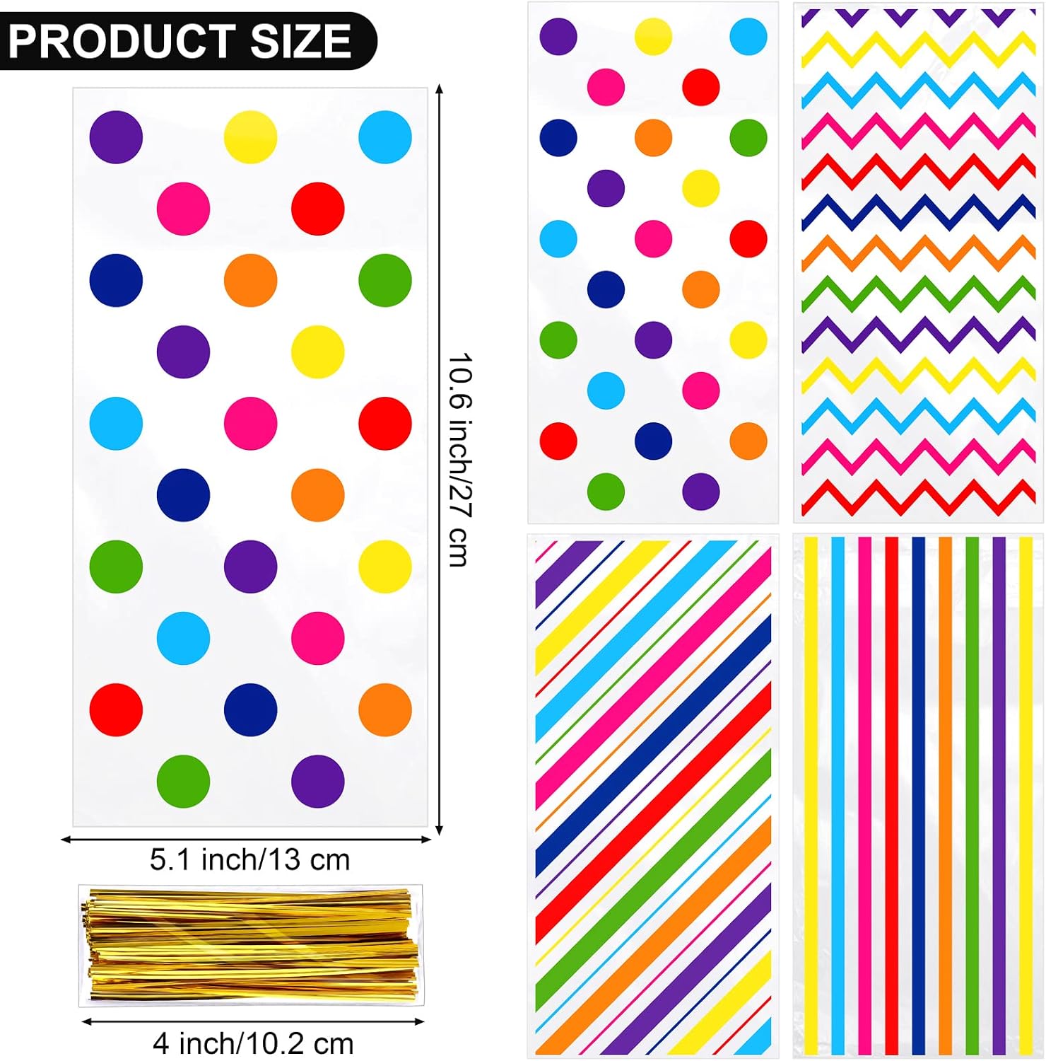 Aodaer 100 Pieces Rainbow Cellophane Bags Plastic Candy Gift Bags Cellophane Treat Bags with Twist Ties Stripes Polka Dot Printed Pattern Goodie Bags for Birthday Weddings Party Favors - Image 3