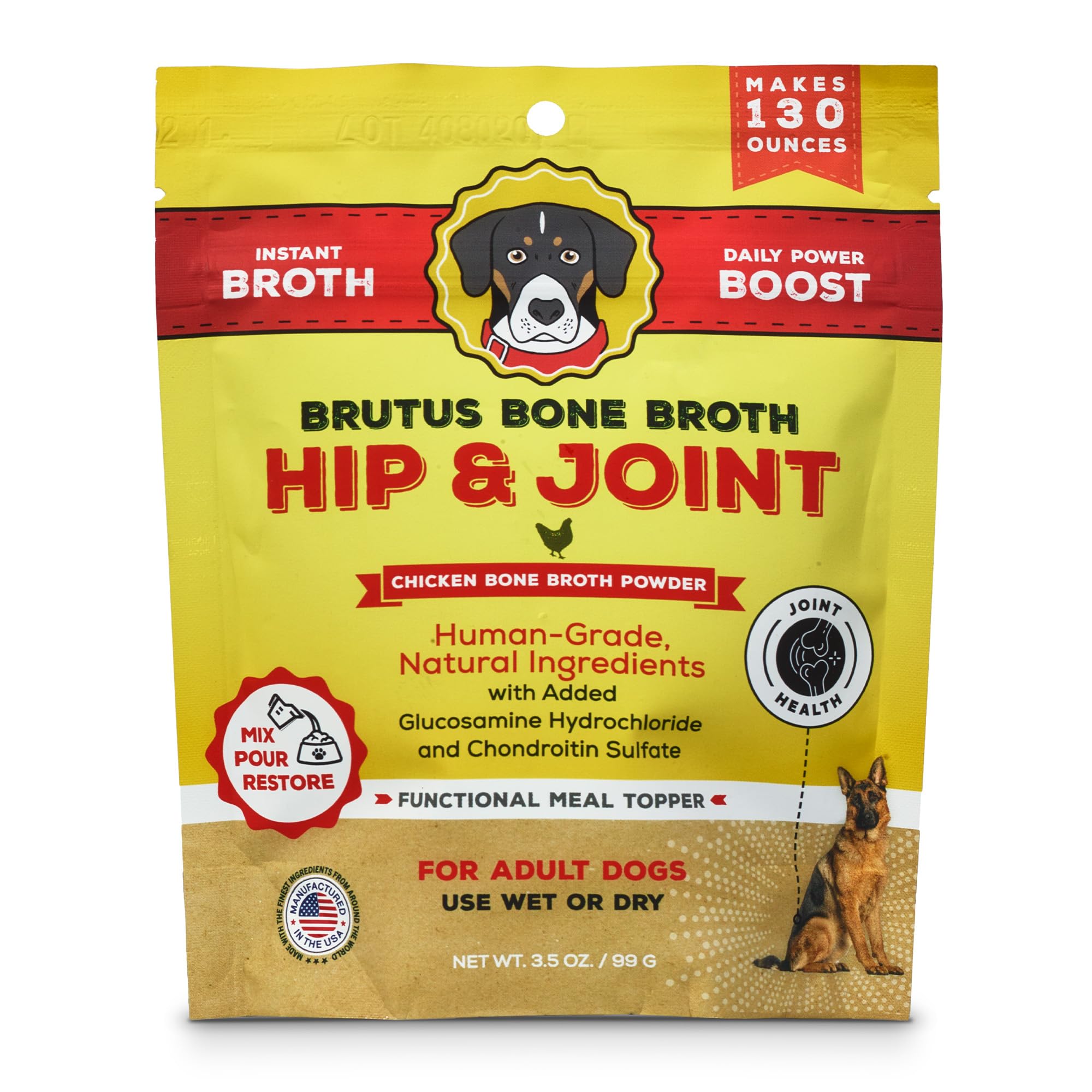 Brutus Broth Dog Food Topper - Instant Bone Broth Powder for Dogs - Supports Hip and Joint Function - Human-Grade Quality - Serve Dry or Wet - Chicken