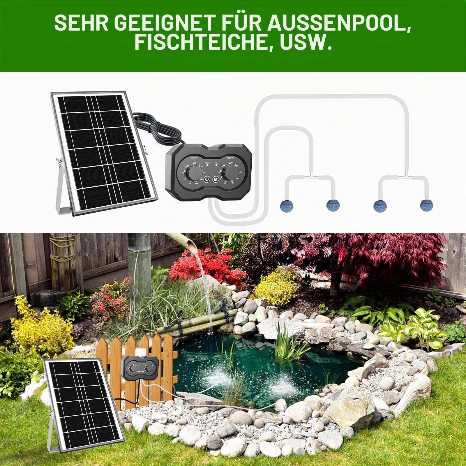 Solar-Sauerstoff-Luftpumpe für Teich, verbesserte einfache Drehtaste, Solar-Teichbelüfter, 2 Arbeitsmodi, Solar-Belüfter für Außenteiche mit Timing-Funktion