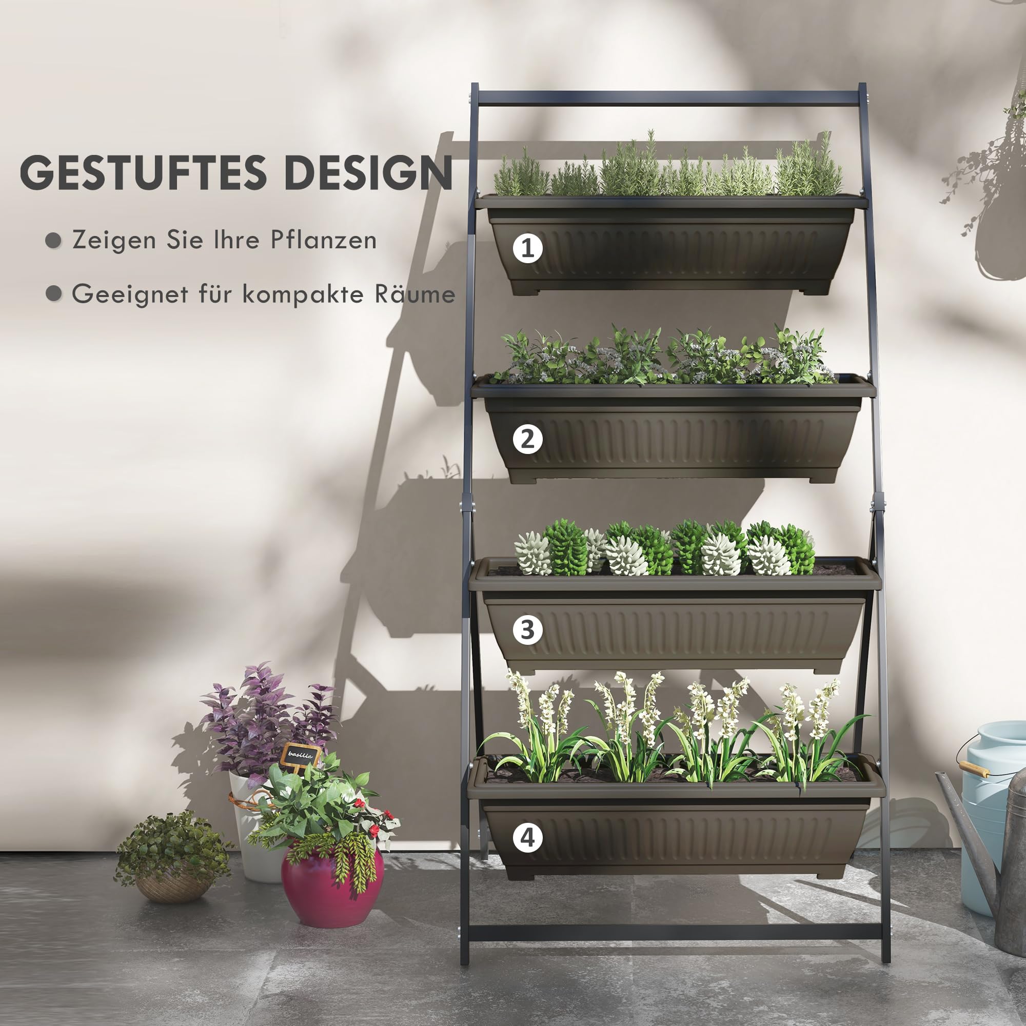 Outsunny Pflanzenständer Pflanzentreppe 4 Etagen Braun 76 x 79 x 162 cm | Pflanzenregal mit Löchern, Blumenregal für Garten, Stahl