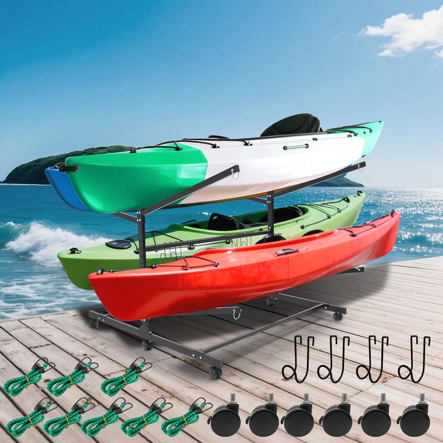 Kayak Storage Rack, Heavy Duty Freestanding Kayak Stands, Boat/Canoe/Paddleboard Holder, Space Saving Garage Organization System, Easy Roll Mobility for Indoor Outdoor Use