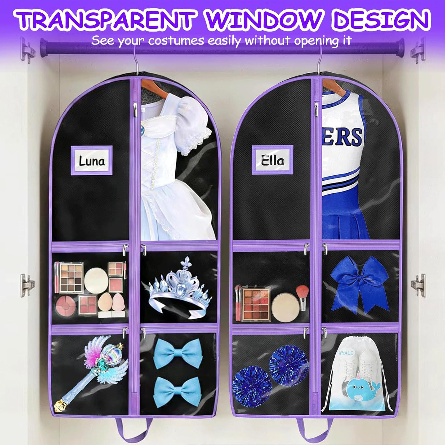 Dance Garment Bag 40 Inch with Clear Pockets, Hanging Dance Costume Garment Bag with Name Card & 2 Shoe Pouches, Cheer Uniform Garment Bag for Travel, Competitions & Performances - Image 4