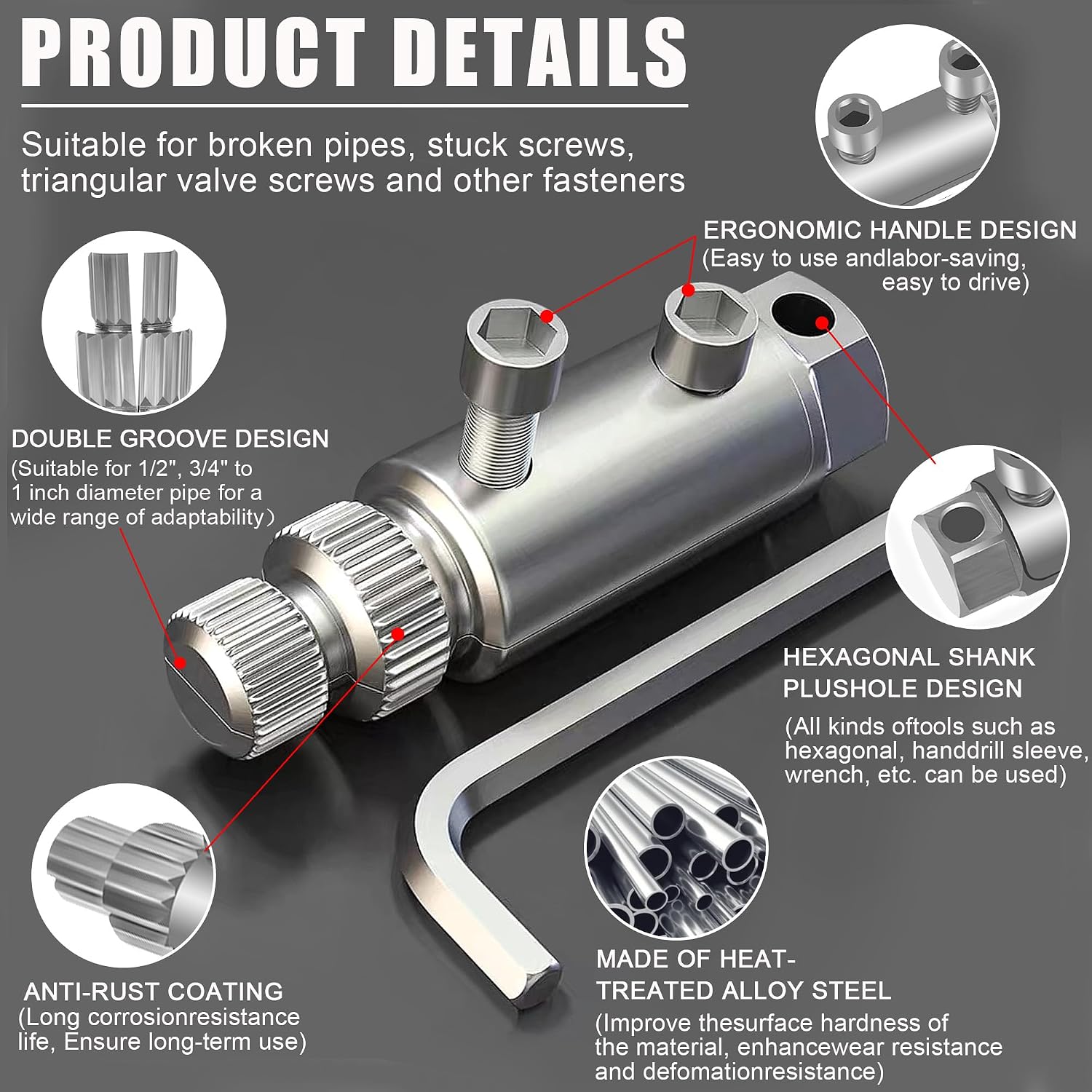 Broken Pipe Thread Extractor, Faucet Removal for 1/2" 3/4" 1" Rusted Pipes | Removes Rusted/Damaged Faucet Threads, Plumbing Tool for Broken Bolts/Nipple, 2026 New Handle Valve Thread Extractor (Silver)