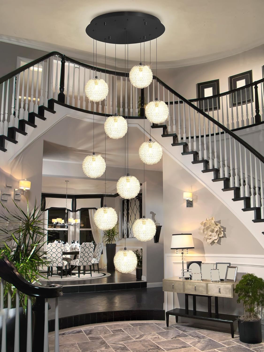 Long Chandeliers for High Ceilings, Dimmable Black 10-Light Crystal Globe LED Hanging Chandelier, Adjustable Pendant Lighting Fixture for Spiral Staircase, Foyer, Entryway, Dining Room