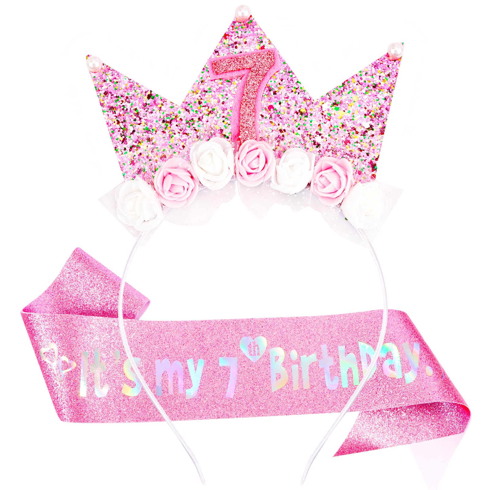 Vovii 7th Birthday Headband & Sash Set - Floral Princess Crown Headband for Birthday Girl Dress Up, Photo Prop & Party Decorations