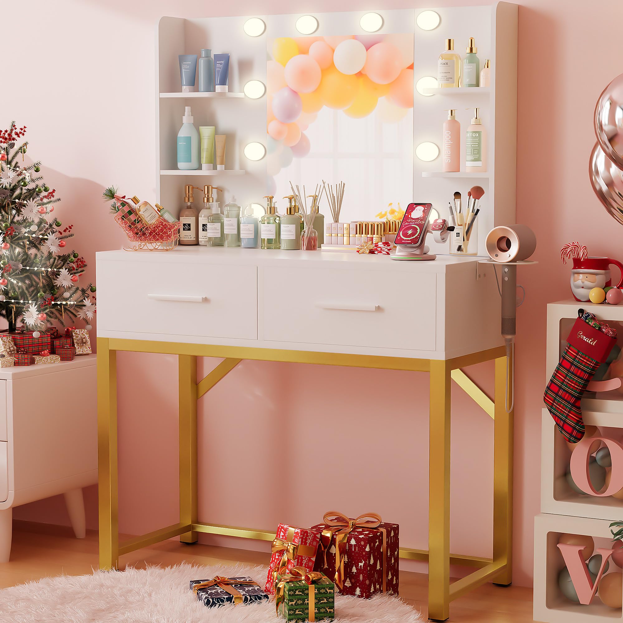 Furmax Vanity Desk with Mirror and LED Light Bulb, Small Makeup Vanity Table with Drawers, Dressing Table with Power Outlet and Hair Drayer Holder for