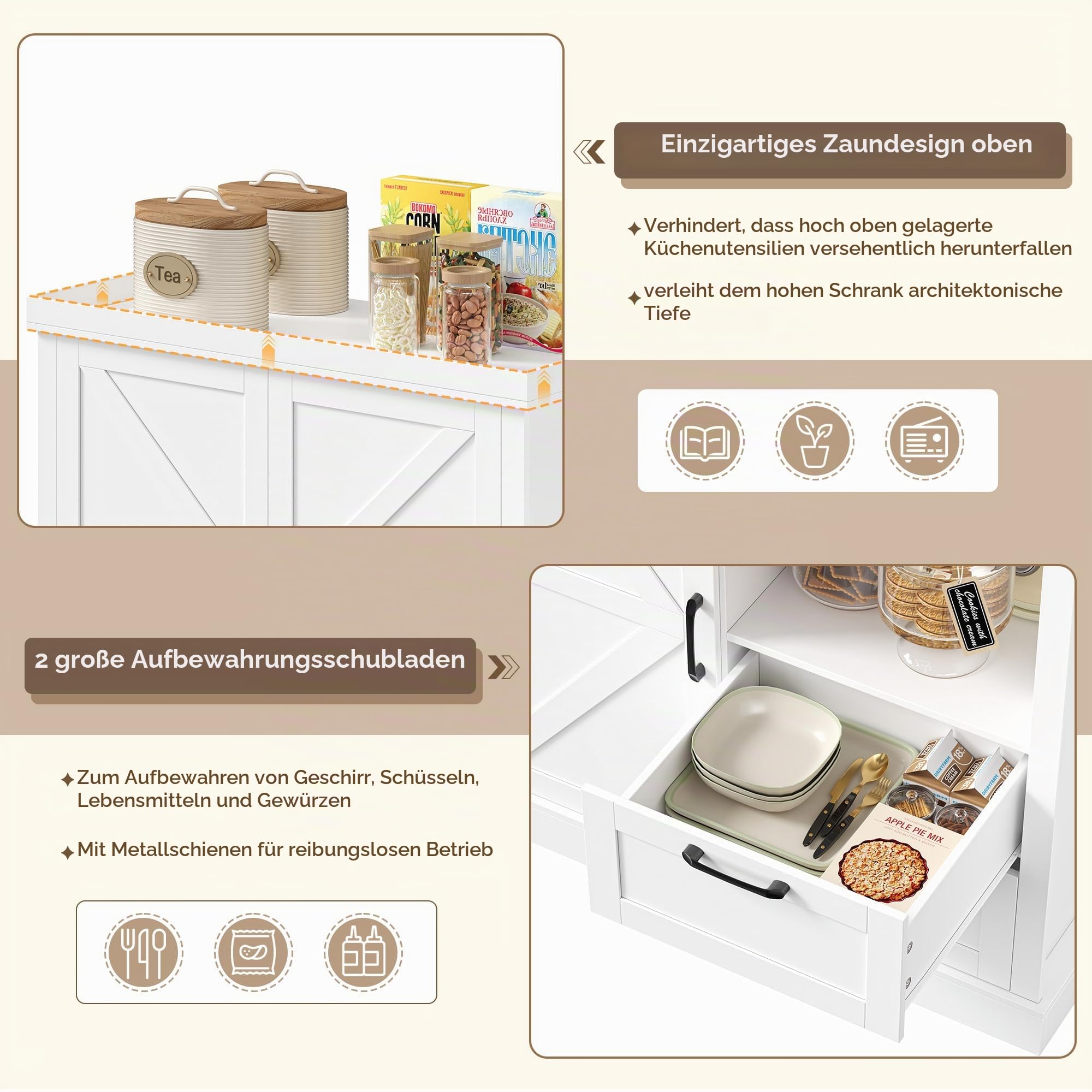 HOCSOK Küchenschrank, 193 cm Küchenbuffet Buffetschrank Weiß, 7 Staufächer | Vorratsschrank Küche mit 3 Türen und 2 Schubladen für Küche, Schlafzimmer, Wohnzimmer und Esszimmer, 193×80×40 cm