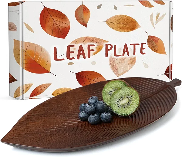 Walnut Wood Serving Tray Plates for Meal Salad Snack Bread, Handcraft Decorative Leaf Design Plate for Home Decor, Food, Charcuterie Vegetables Fruits Picnic Breakfast Lunch Dinner Gift -Sim