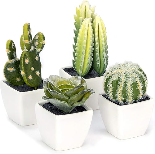 Mini plantas artificiales para suculentas y cactus en macetas blancas en forma de cubo para decoración del hogar, juego de 4