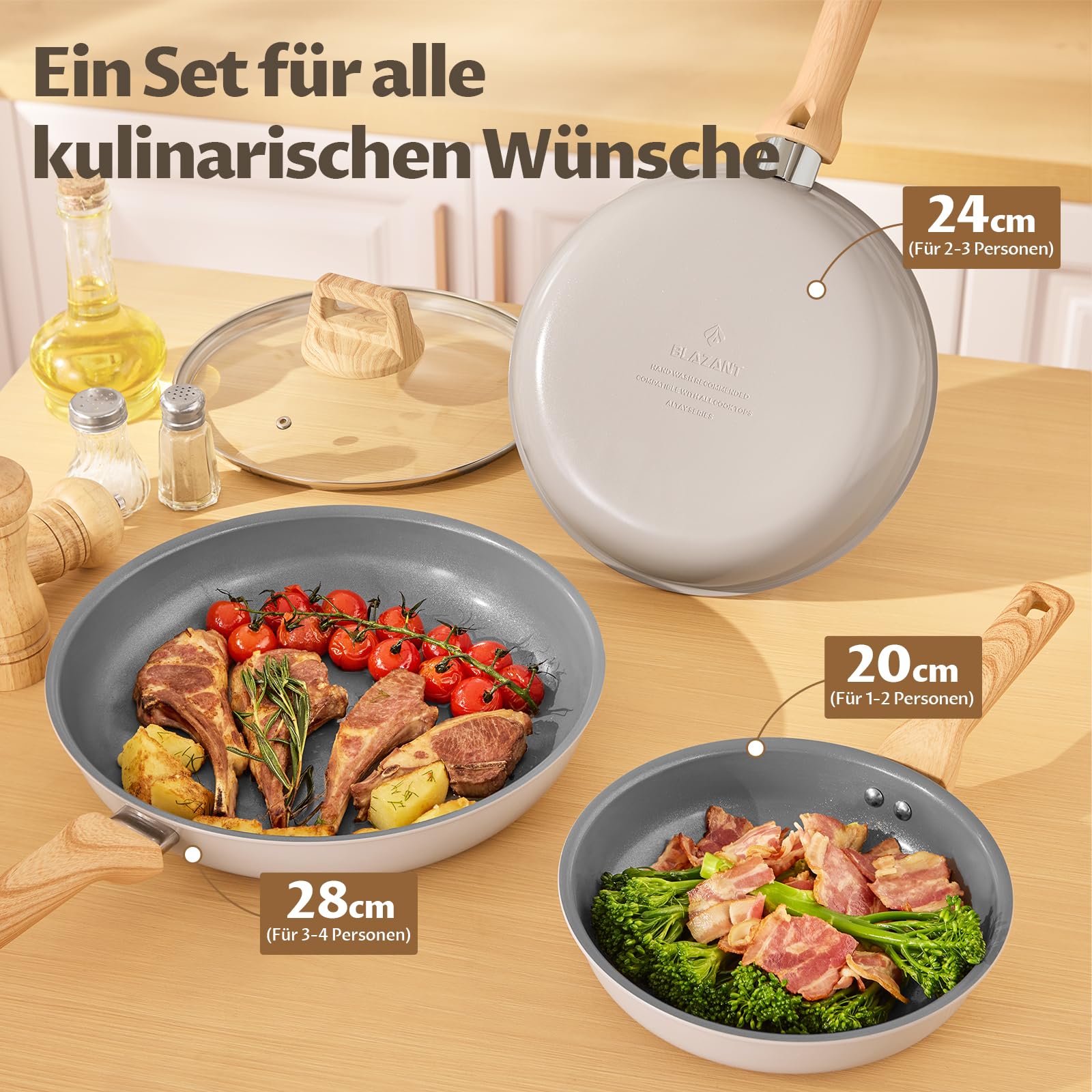 BLAZANT Keramik Pfannenset Induktion, 5-teilig Antihaft pfanne 20/24/28 cm